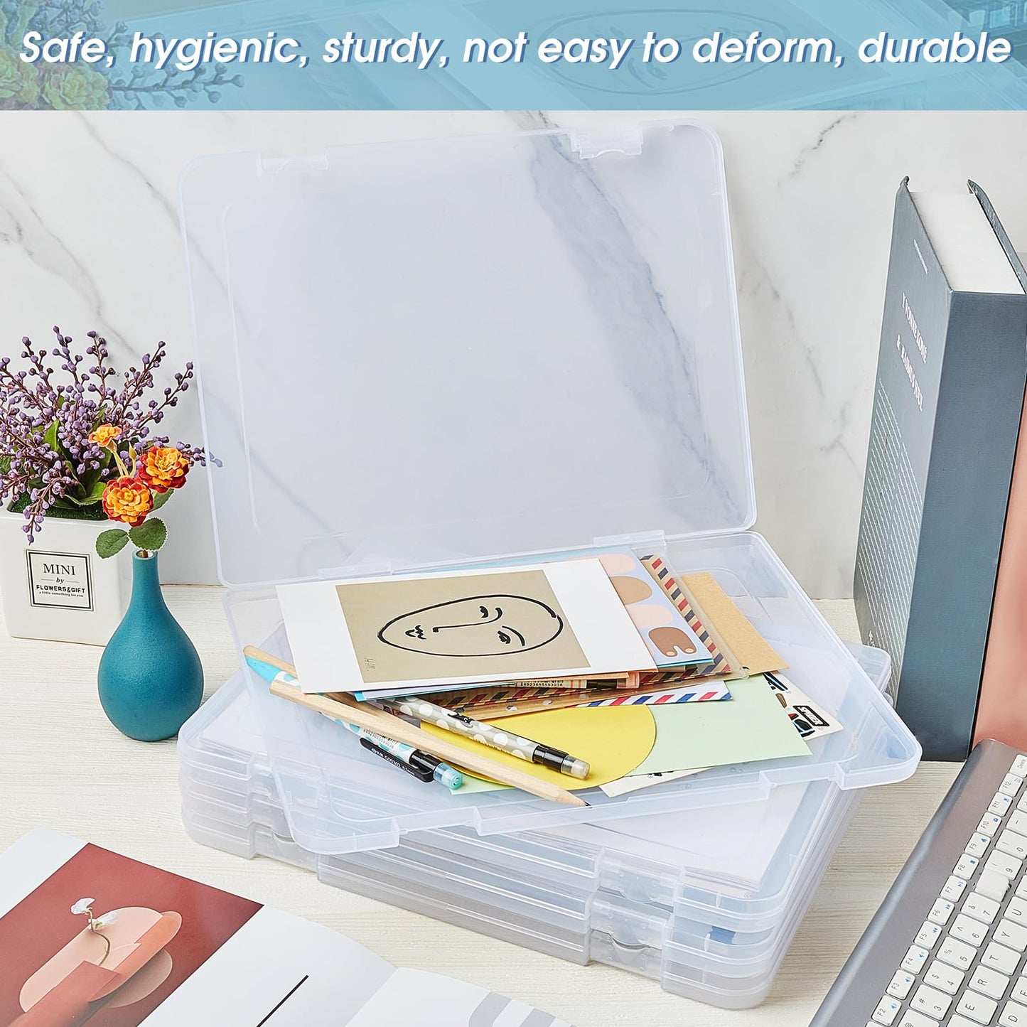Gueevin 8 Pcs Clear A4 File Organizer Box, Plastic Document Storage Case with Snap Closure and Handle, Flat Paper Organizer for Magazine, Scrapbook and Board Games, 12.2 x 9.06 x 0.79 Inch