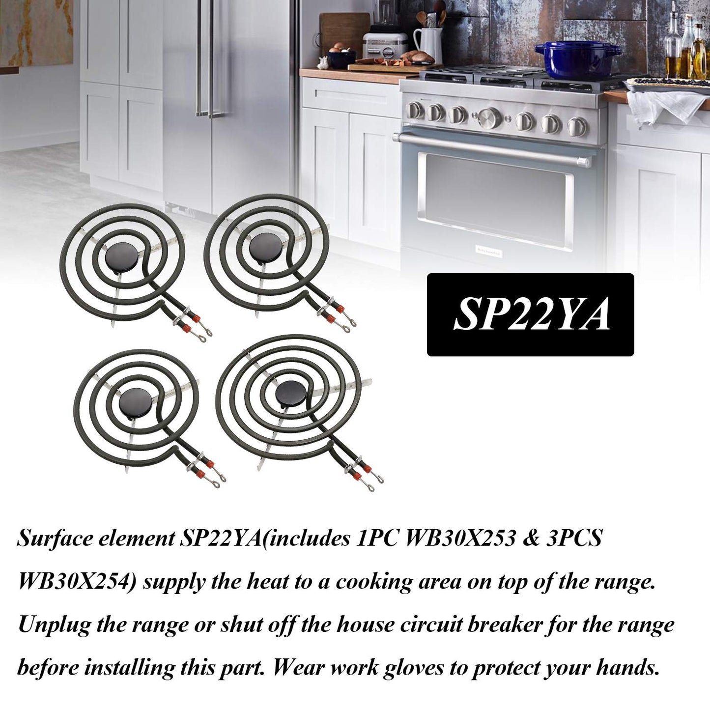 AMI PARTS SP22YA Electric Range Burner Element Unit Set Replacement Fit for G-E Hot-point Ro-per Ken-more Range Stoves (1 x WB30X253 8" & 3 x WB30X254 6")
