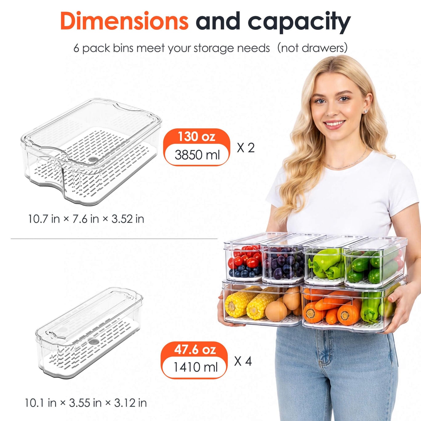 SMRCAD Fridge Organizers and Storage, 6 Pack Clear Freezer Organizer Bins with Lids for Kitchen, Pantry, Refrigerator, Food, Fruit, Vegetable Storage