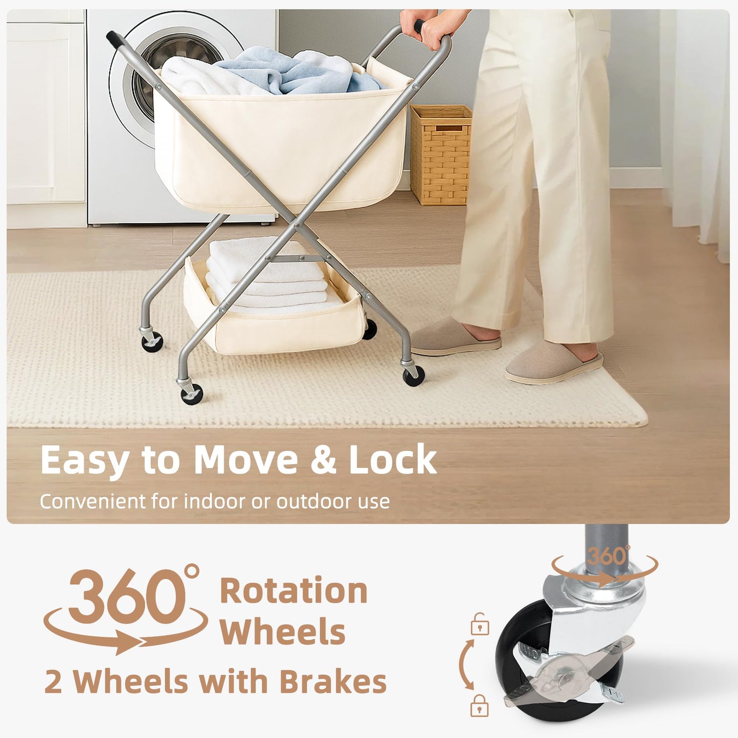 STORAGE MANIAC Collapsible Laundry Cart with Wheels 31.5"H Rolling Laundry Hamper Clothes Basket with Wheels, Canvas Liner Sturdy Steel Frame Folding for Small Narrow Space Easy Storage, Beige