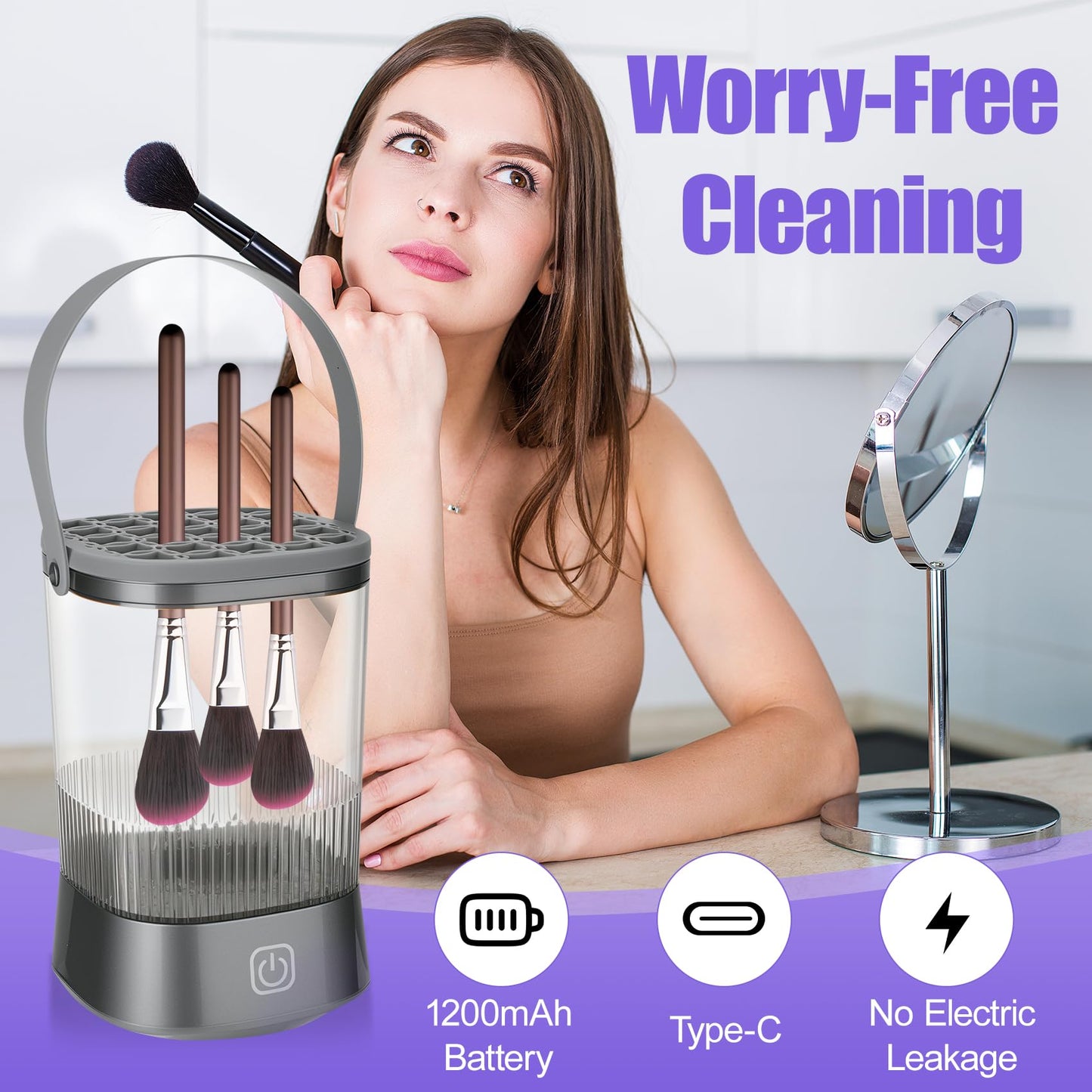 Makeup Brush Cleaner, Auto-Rotating Brush Cleaner for Deep Cleaning, Electric Makeup Brush Cleaner, One-Click Operation Automatic Spinning Cosmetic Brush Cleaner, Suitable for All of Makeup Brushes