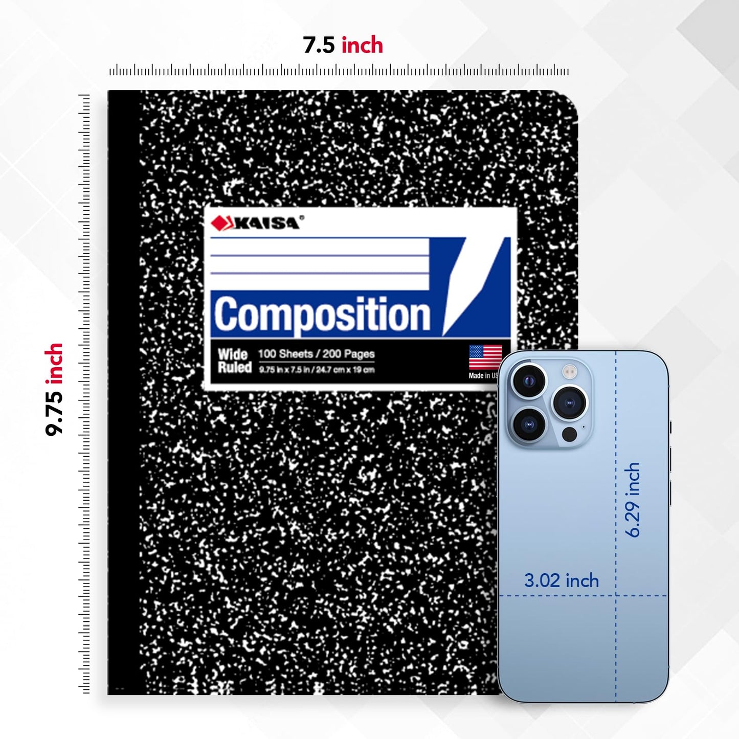 KAISA Composition Notebooks 100Sheets Comp Book,Wide Ruled 9.75x7.5inch, Classic Marble Composition Books, Carton of 20pads, C10001W