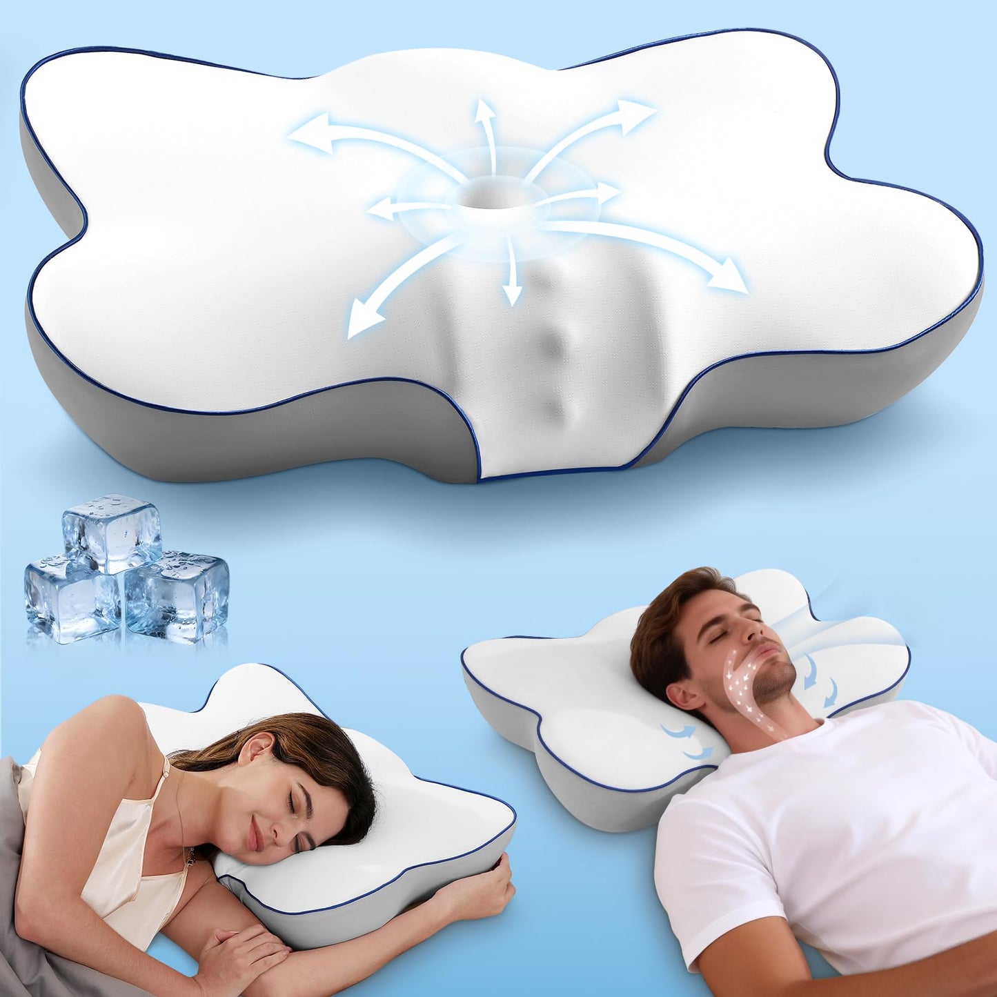 Patented Cervical Neck Pillow for Pain Relief, 5X Support Ergonomic Contour Neck Pillow with 3D Ice-Silk Mesh Cover and Oeko-TEX Memory Foam, Orthopedic Pillow for Back Stomach Sleepers (White)