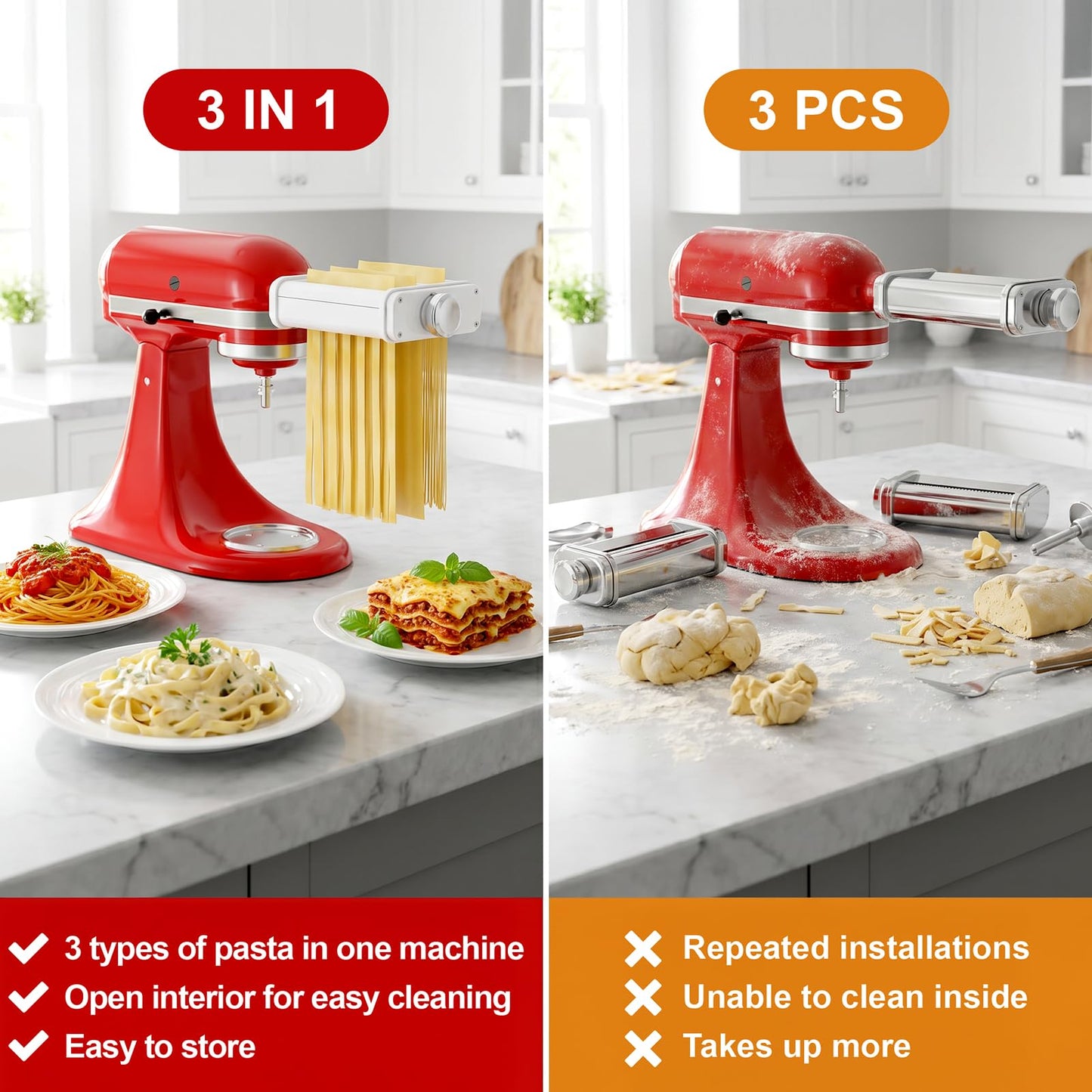 Pasta Attachment for KitchenAid Stand Mixer, 3 in 1 Set Pasta Maker KitchenAid Attachment Includes Spaghetti Cutter, Pasta Sheet Roller and Fettuccine Cutter, Attachment for Kitchen aid Mixers