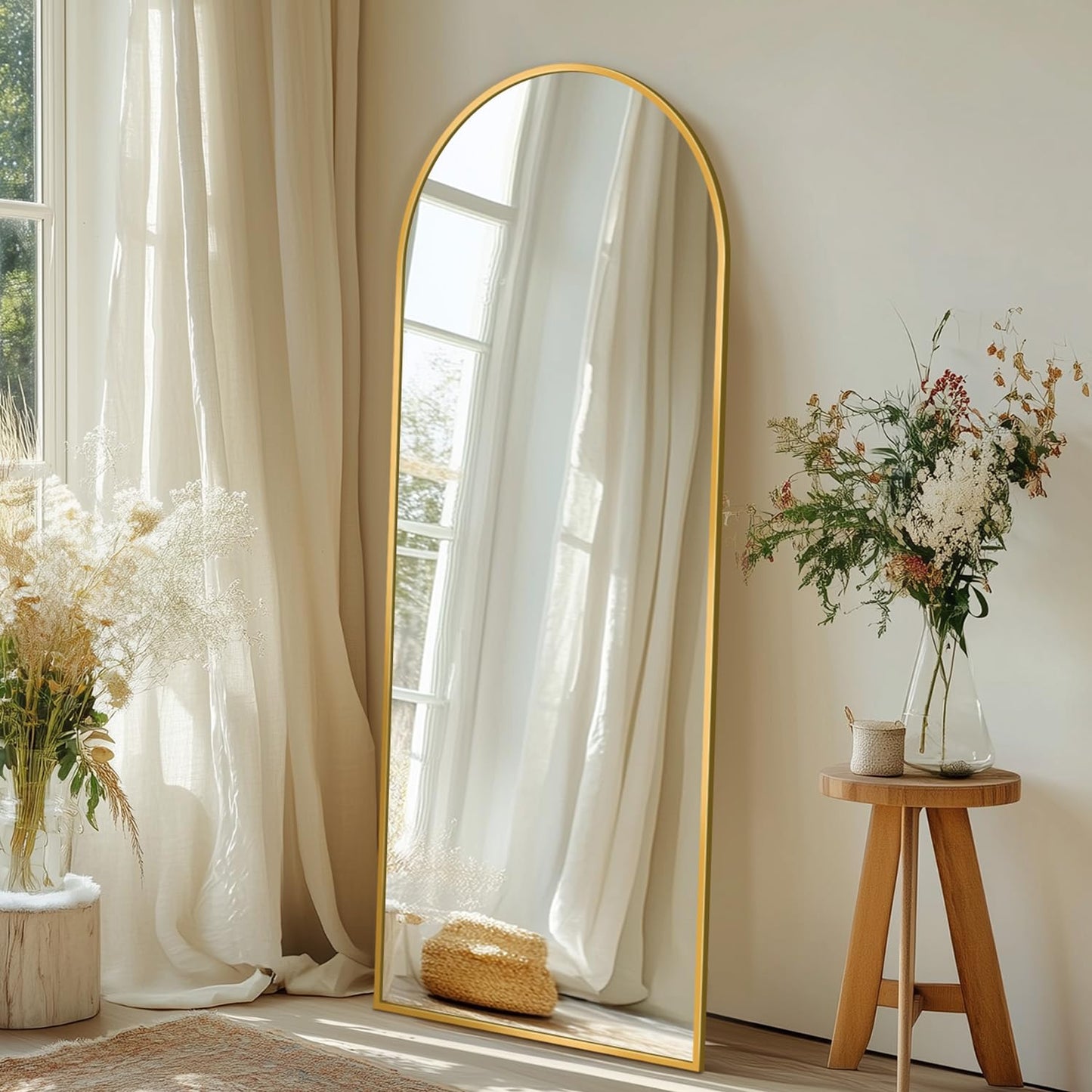 Coomily Full Length Mirror with Stand, 56"x15" Arched Full Body Mirror, Large Stand Up Aluminum Frame Floor Freestanding Hanging Leaning Mounted for Bedroom Living Room Entryway Gold