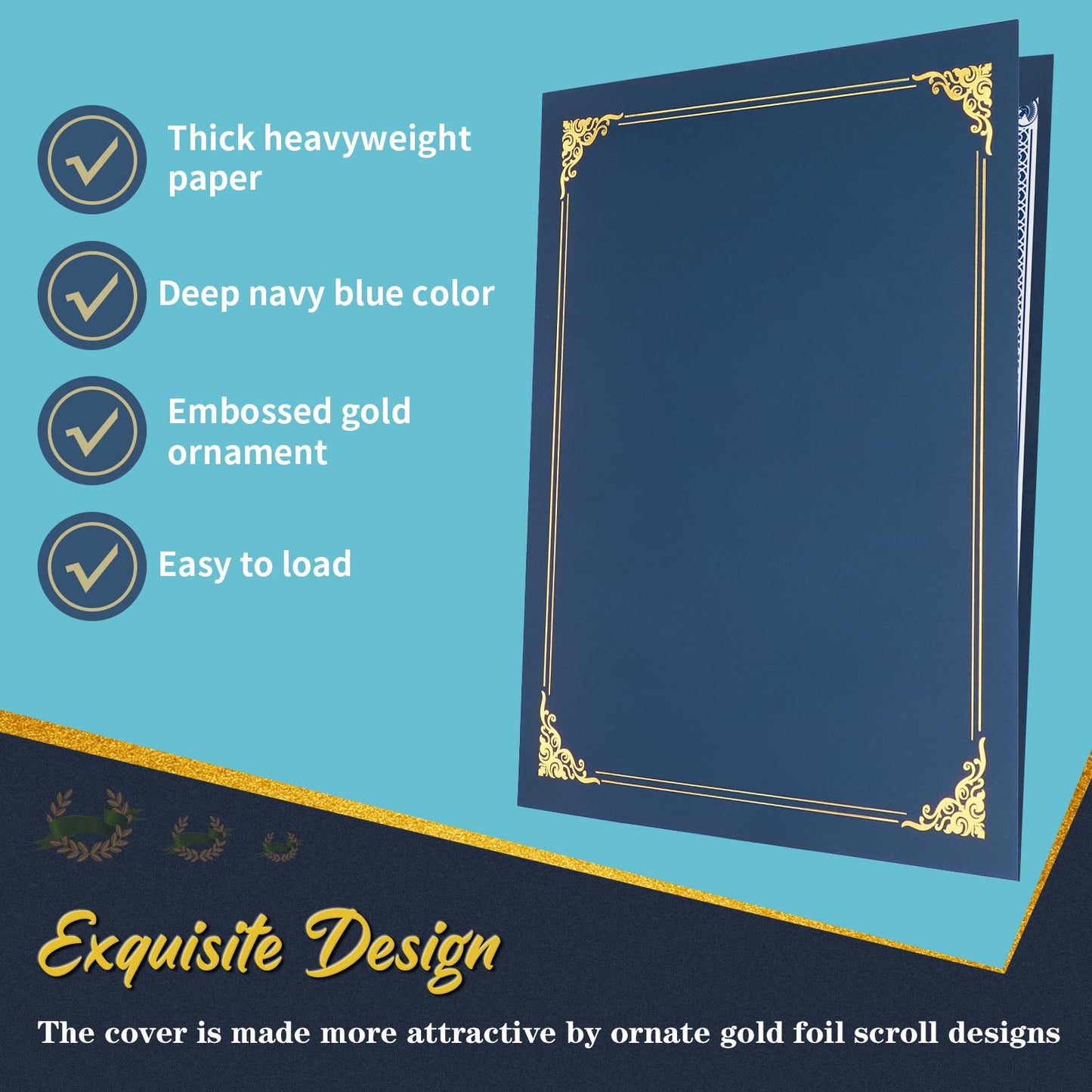 50 Packs Certificate Holders, Navy Blue Certificate Covers, Diploma Holders, Certificate Folders with Gold Foil Border for Letter Size 8.5" x 11" Certificates, Diploma, Documents, Award Cover