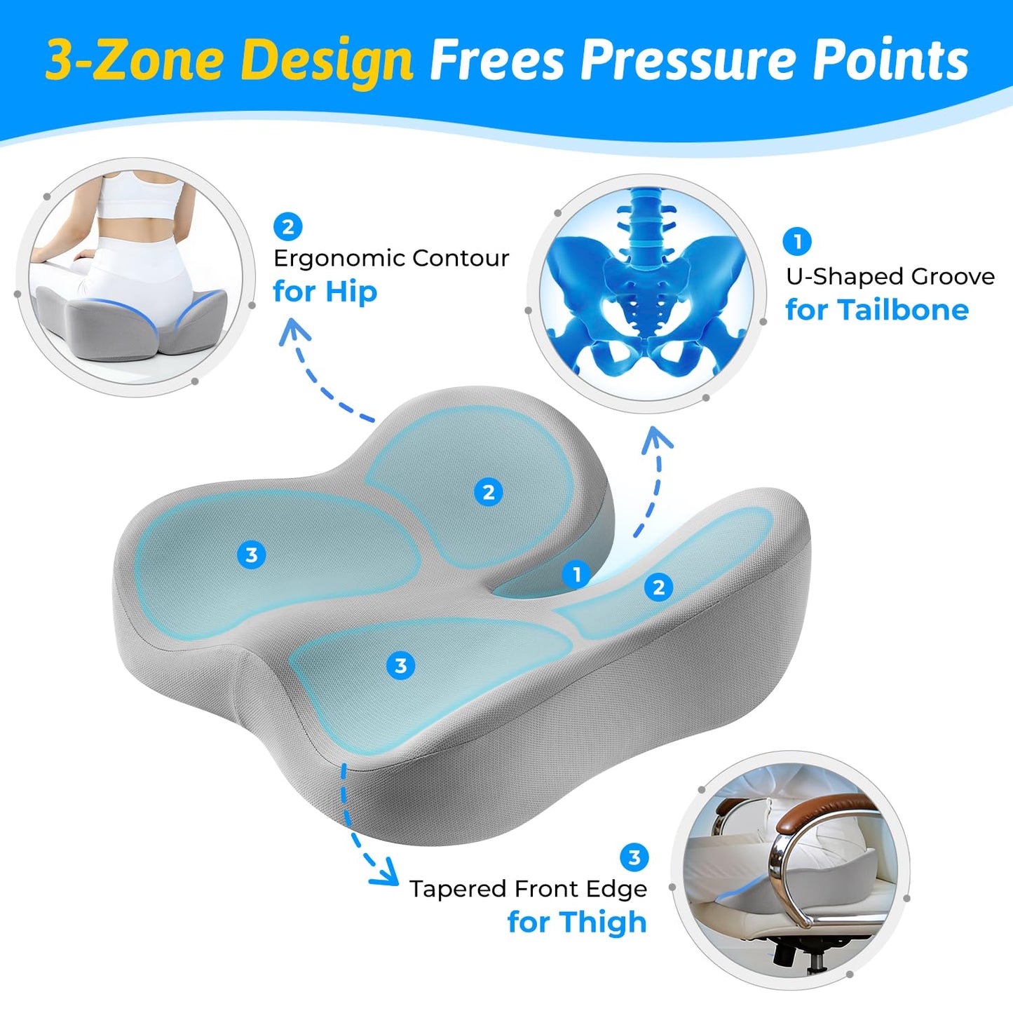 Seat Cushion for Tailbone & Sciatica Pain Relief - Plush Yet Supportive Ergonomic Memory Foam Chair Cushions for Office Chair, Car, Wheelchair,Airplane & Long Sitting(Light Gray)