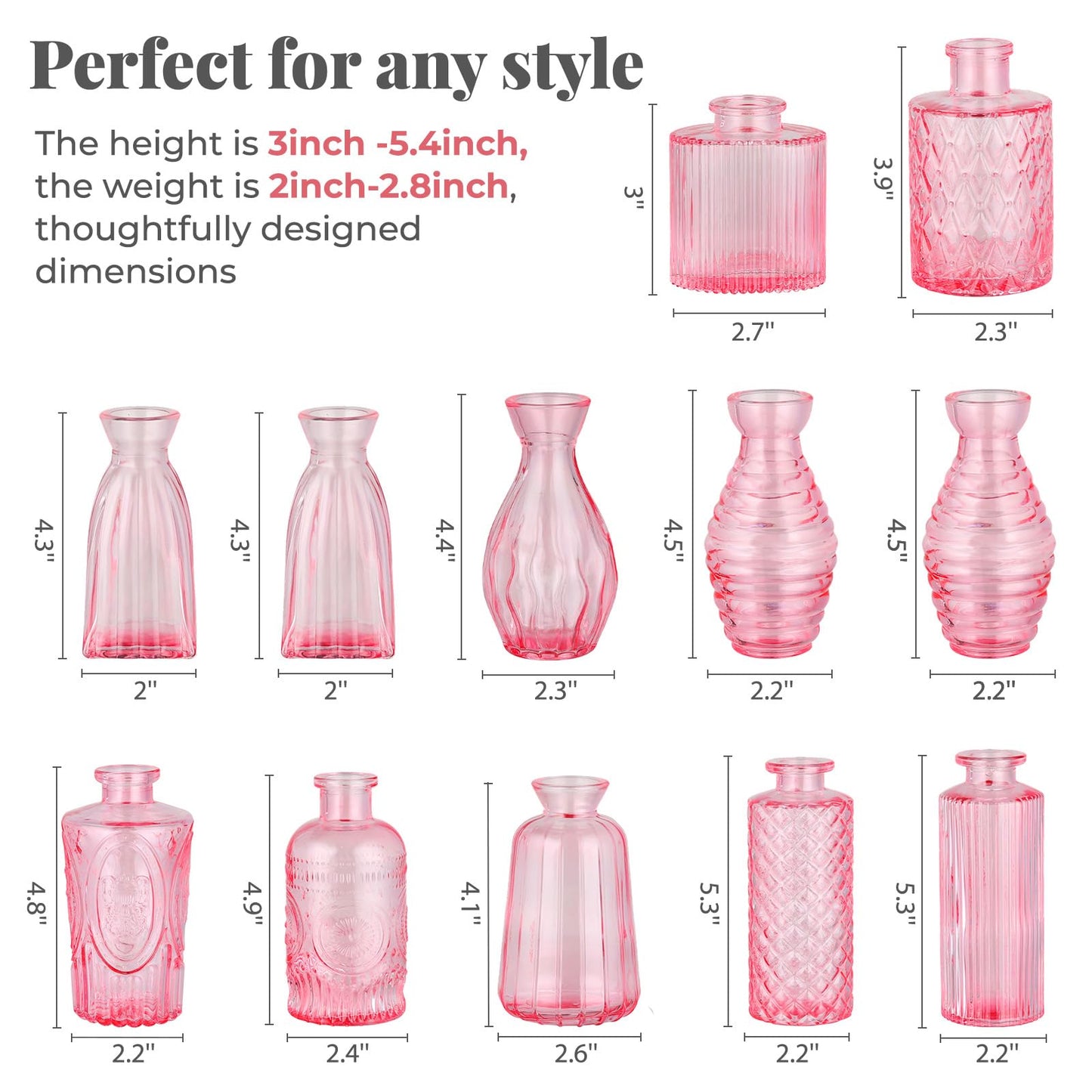 12 Pack Bud Vase in Bulk - BEAHOT Pink Flower Vases for Wedding Decorations, Glass Vase for Table Decorations, Small Vase for Home, Mother's Day, Centerpieces, Party, Office (Pink)