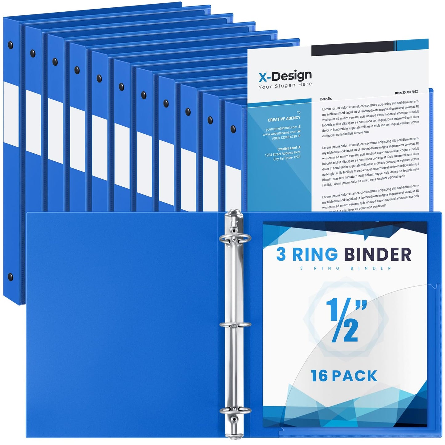 Henoyso 16 Pack 1/2 Inch 3 Ring Binder with Clear Cover Fit Letter Size 8.5" x 11" Paper Holds 140 Sheets, Bulk Binders for Organizing School, Office & Classroom Documents, 1 Pocket (Blue)
