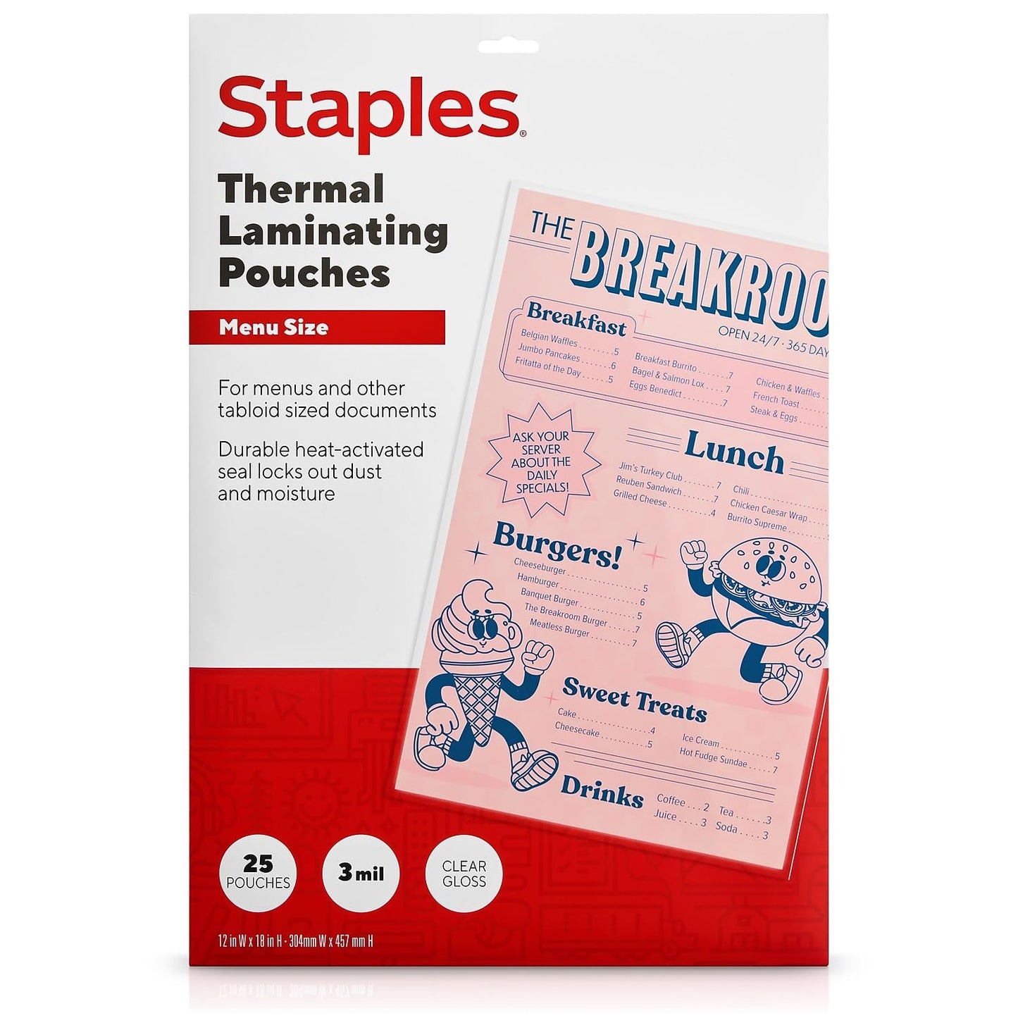 Staples Thermal Laminating Pouches, Menu Size, 12 x 18 Inches, 3 Mil, 25/Pack