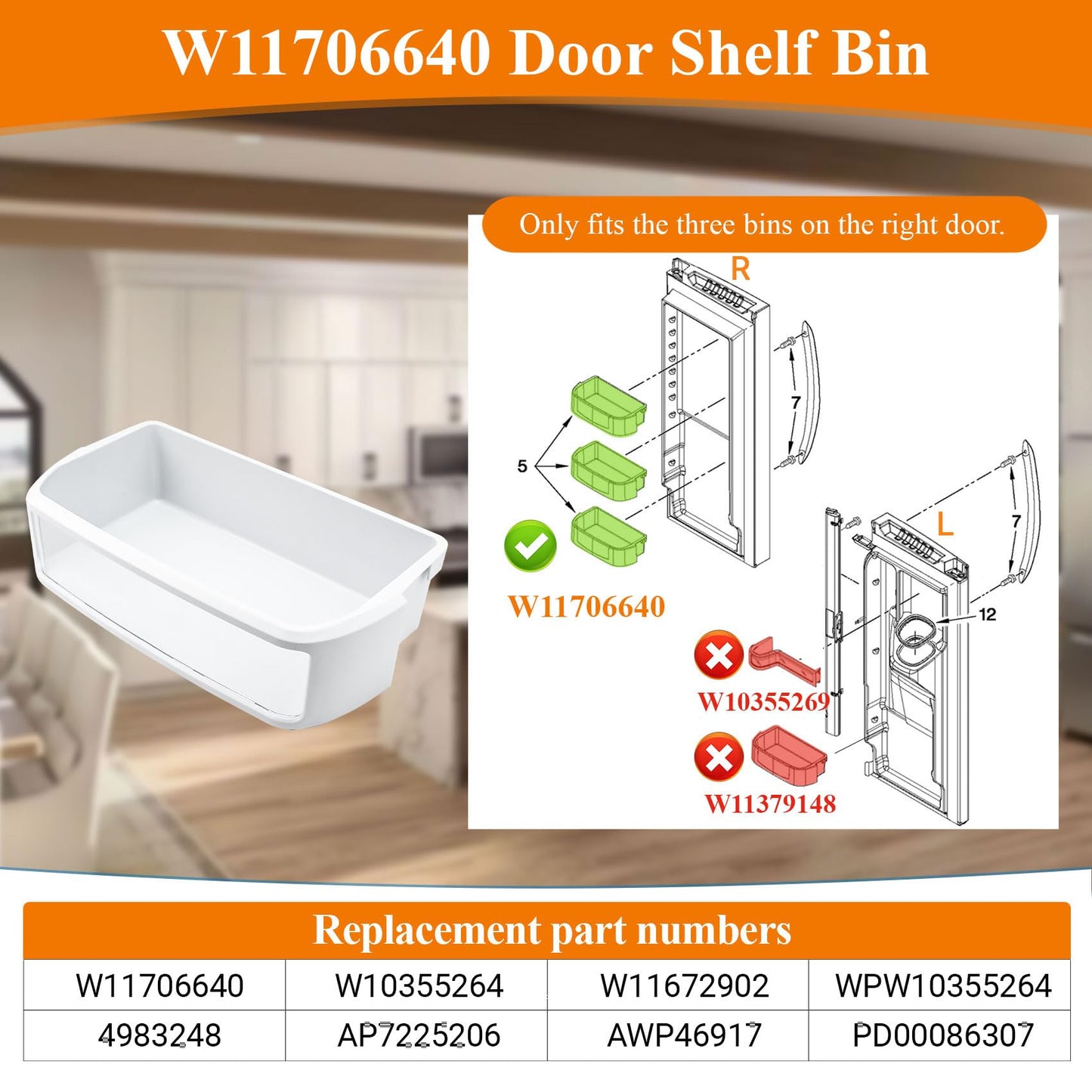 W11706640, W10355264 Door Shelf Bin Compatible with whirlpool, kitchenaid, jenn-air Refrigerators(some models): WRX735SDHZ KFXS25RYMS etc. Fridge Door Bin Replacement W11672902 WPW10355264 AP7225206