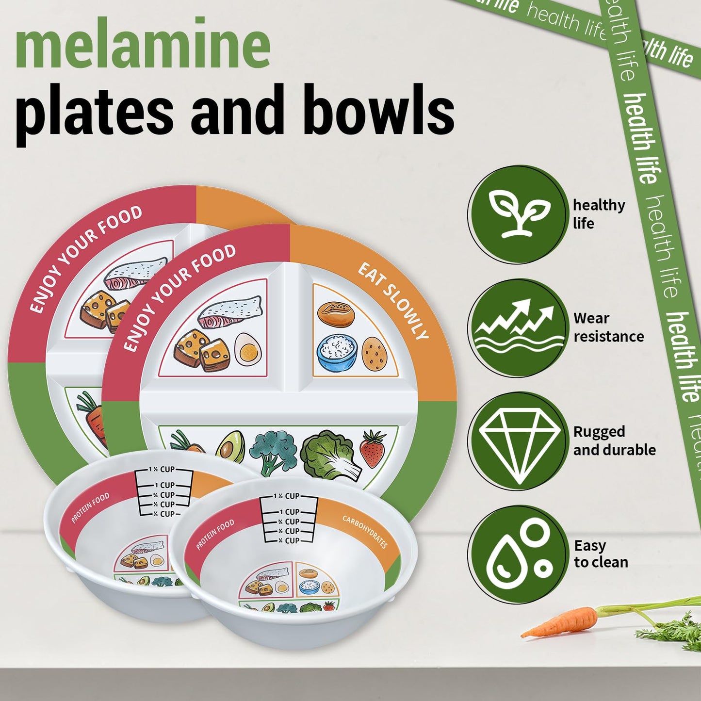 VIYNRAN 4 Pcs Portion Control Plates & Bowls Set (9 Inch), Self-Measuring for Weight Loss, Gastric Bypass, LapBand, Diabetes, & Healthy Diets, Divided Nutrition Plates for Adults & Children
