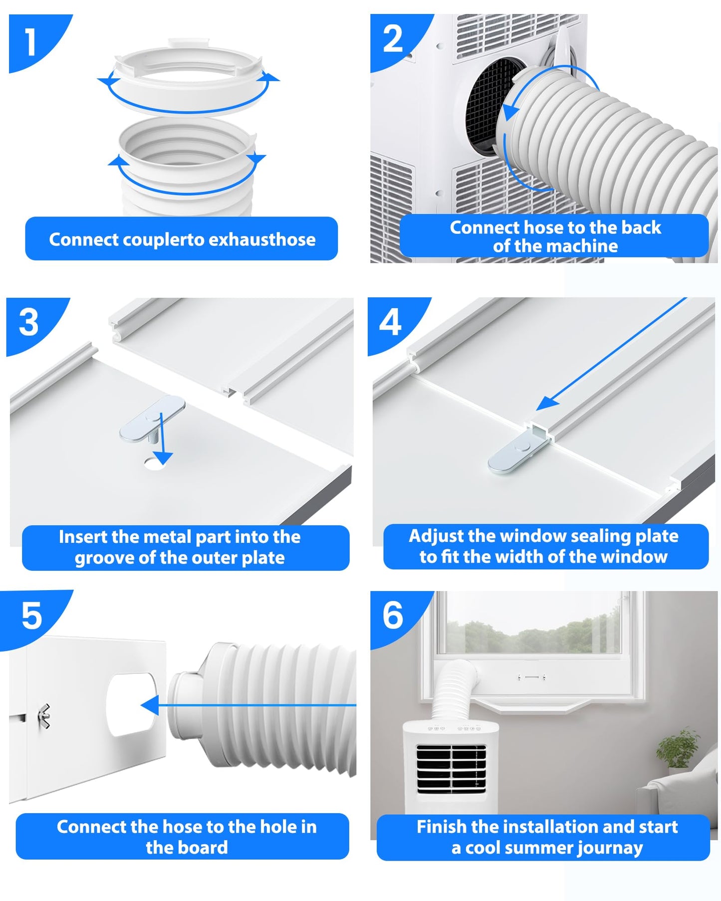 Portable Air Conditioner Window Vent Kit with 82" Length, 5.9" Diameter Exhaust Hose, 13Pcs Universal PVC AC Window Slide Seal with 4 Panel(17" to 63") for Horizontal&Vertical