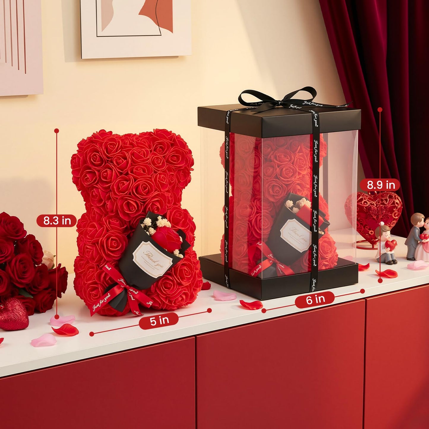 Otlonpe Mothers Day Rose Bear Gifts for Mom - Women Gifts for Mother's Day Christmas Valentines Anniversary Birthday - Cute Roses Flowers Bear Gift for Girlfriend Wife Daughter Mom, 9-inch (Red)