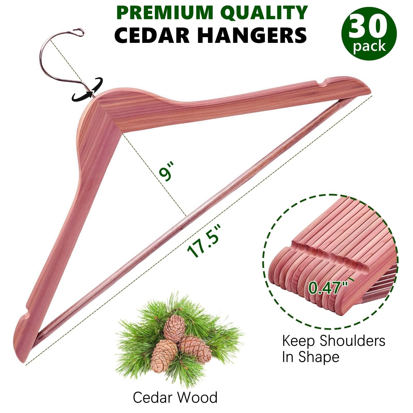 Amber Home 30 Pack Cedar Coat Hangers, Wooden Suit Hangers with Non-Slip Pant Bar, Cedar Hangers for Closet Organization, Shirts, Jackets, Dresses, and Pants
