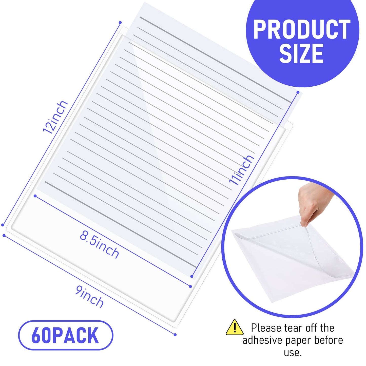 Outus 60 Pcs Self Adhesive Shop Ticket Holders Clear Plastic Sleeves Adhesive Pockets Work Order Job Ticket Holders for Back to School Student Label Home Office Posting Signs (8.5 x 11 Inch)