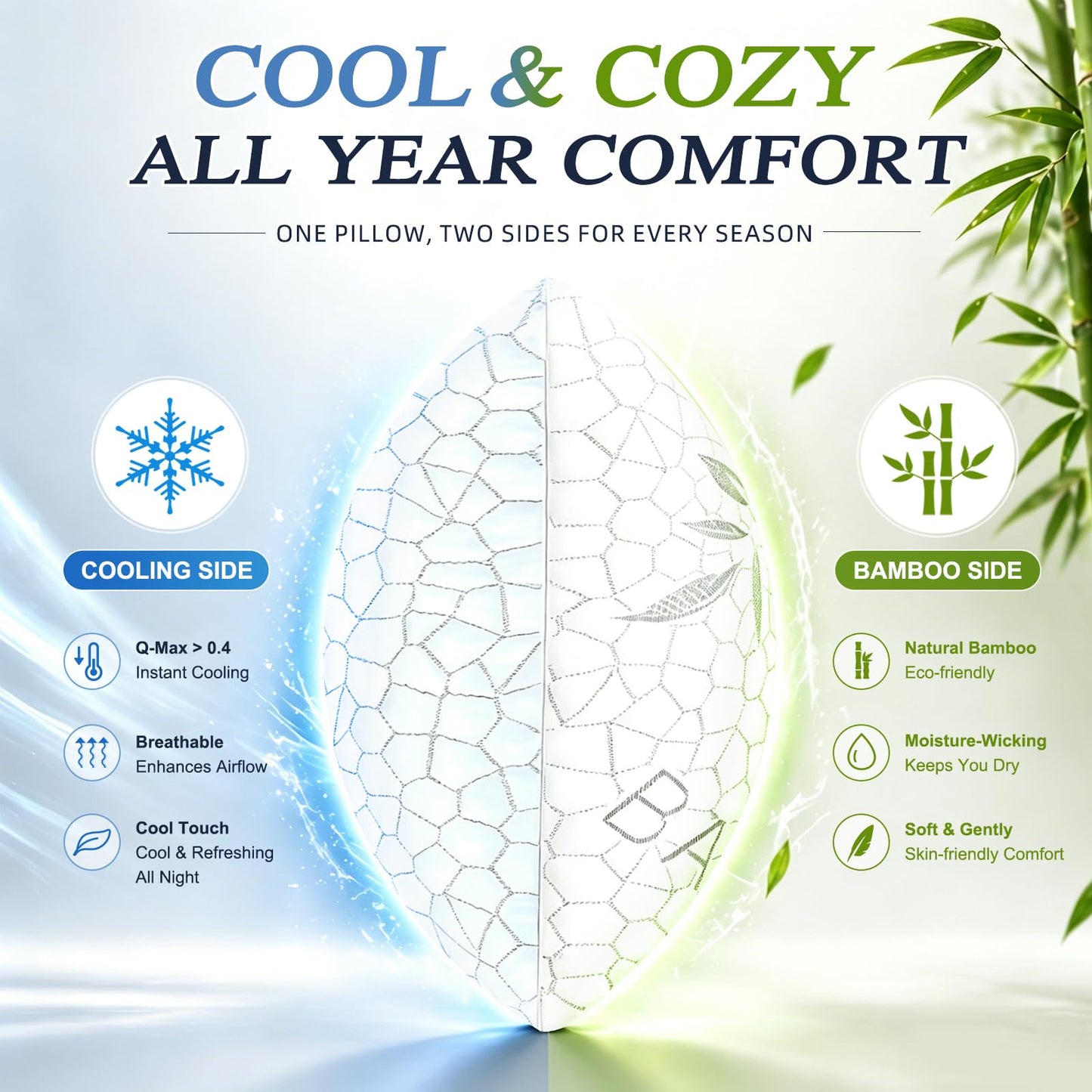Yettbea Adjustable Shredded Memory Foam Pillows Queen Size Set of 2, Luxury Bamboo Cooling Pillow w/Washable Zippered Cover, Soft or Firm Support Bed Pillow for Side, Back, Stomach Sleeper