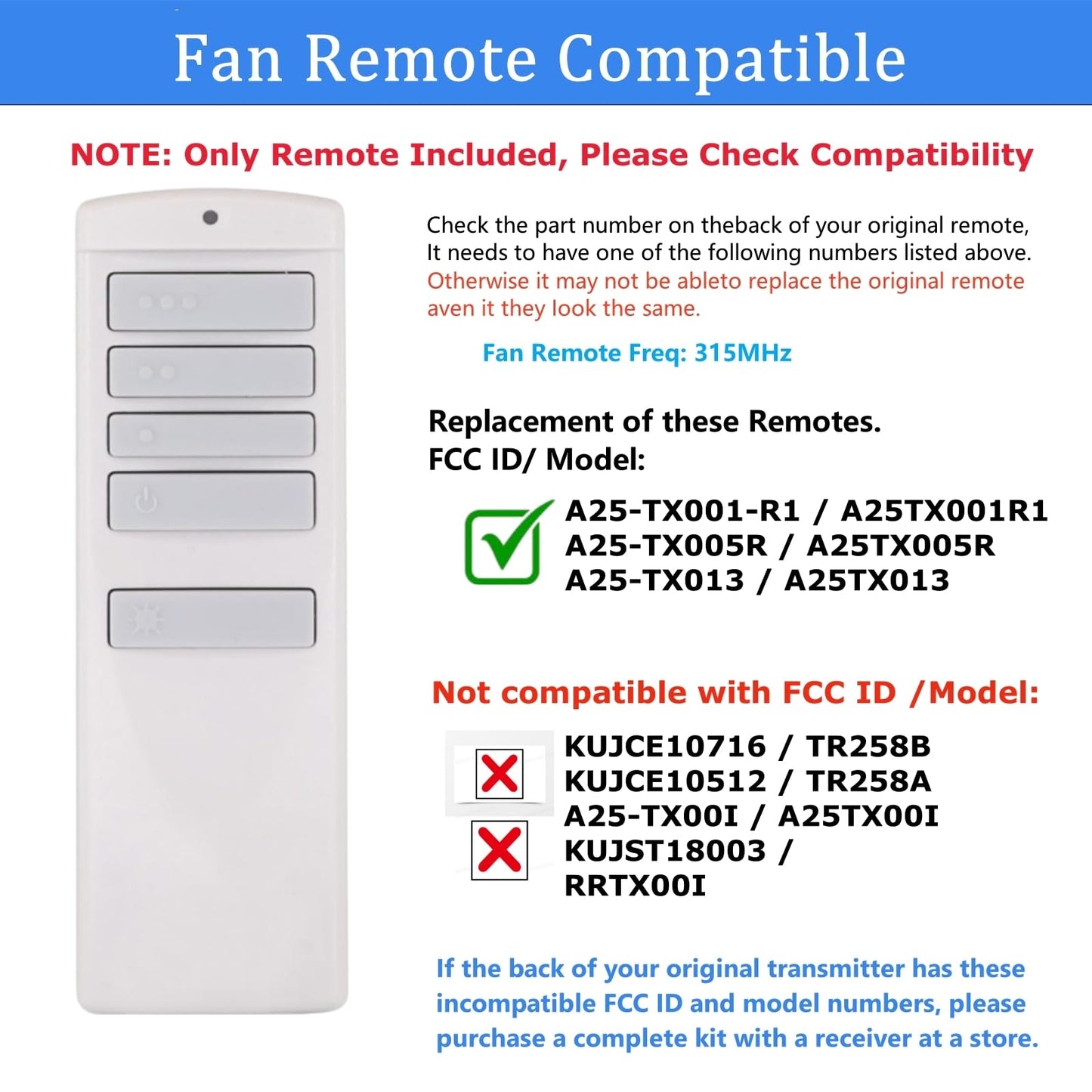 Replacement Remote for Harbor Breeze Ceiling Fan Remote Control, Light Dimmer 3-Speed Wall Mount for A25-TX001-R1, A25-TX005R, A25-TX013, ZJF-RT01A,315MHz(Remote Only)