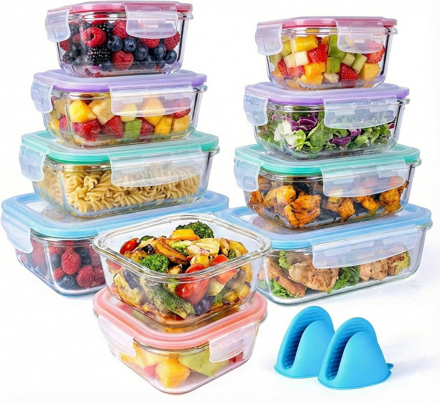 Bo-Toys 20 Pc Glass Food Storage Containers with Snap Lock Lids, Airtight & Leakproof, Bonus 2 Oven Silicone Gloves, Safe for Dishwasher, Oven, Microwave,Freezer, BPA Free