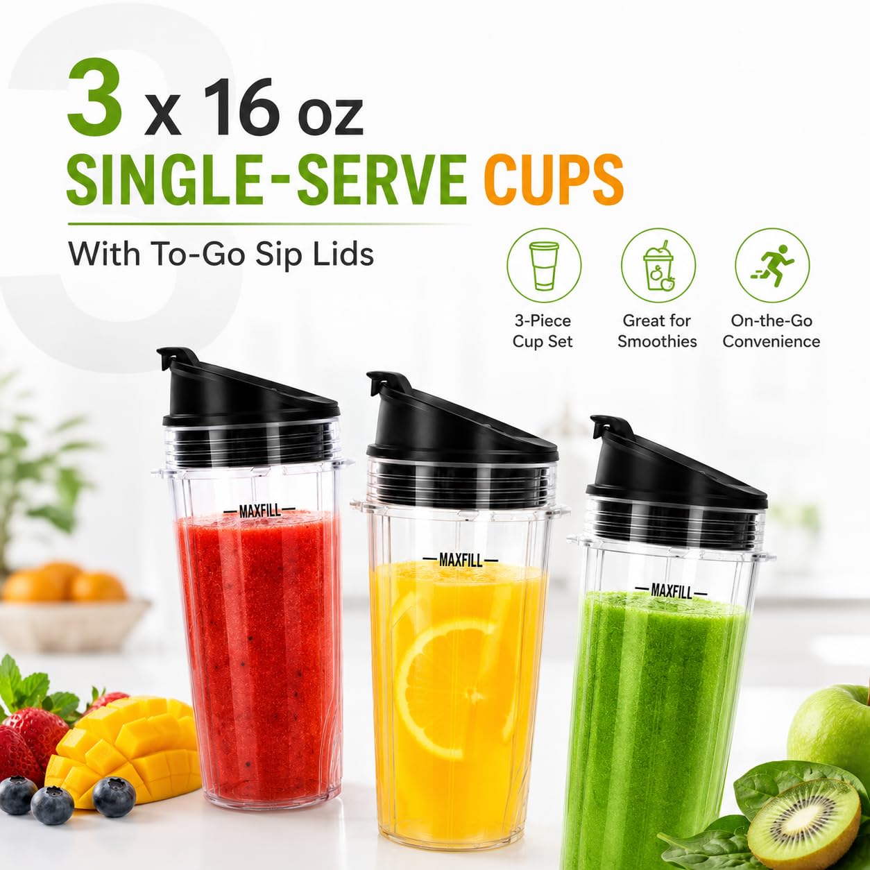 Blender 16oz Cups Replacement for Ninja - 3 Pack Ninja Blender Cups with Lids, Compatible with Ninja QB3001SS, BL770, BL780, BL660, BL740, BL810, Nutri Ninja Series Blenders