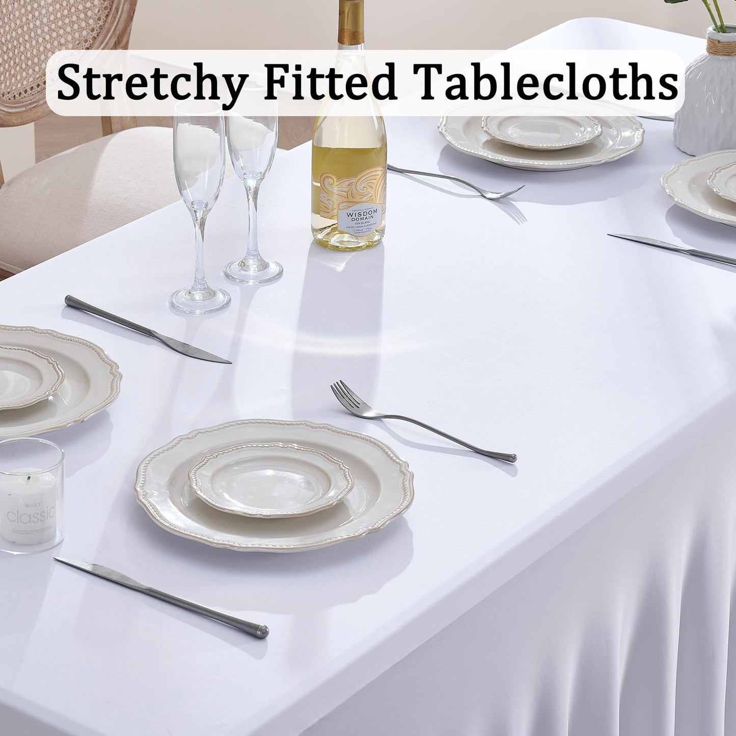 2 Pack White Spandex Table Clothes for 6 Foot Rectangle Tables, Wrinkle Free Fitted Table Cover 6ft Stretch Tablecloths Desk Skirt for Parties Weddings Birthday Banquet Baby Shower