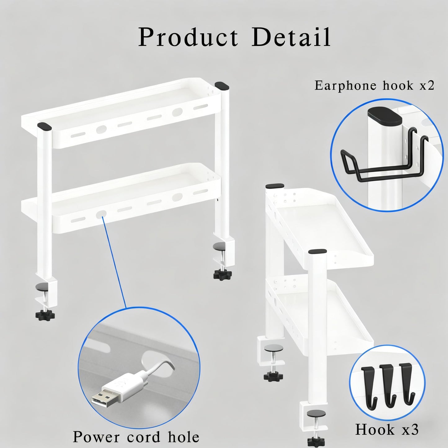 Clamp on Desk Shelf White, 2-Tier Office Desk Shelves Organizer, 17in Small Shelf for Top of Desk with Headphone Holder, Hooks, Desktop Storage Rack for Home Workspace, Study Rooms, Gaming Accessories
