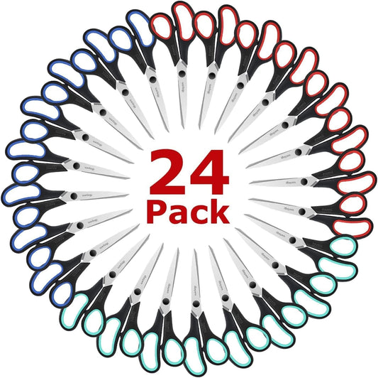 School Office Scissors Bulk, Set of 24-Pack, 8" All Purpose Sharp Scissors with Comfort-Grip Handles for High/Middle School Student Teacher, Office Home Sewing Fabric Supplies, for Right Left Handed