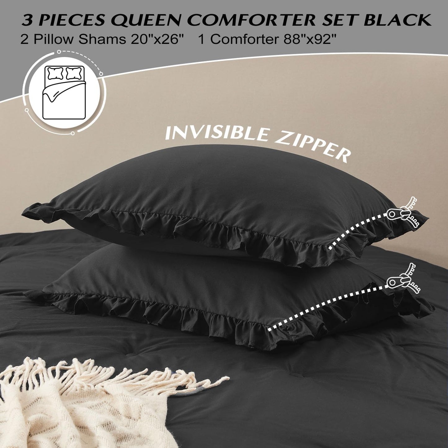 HARBOREST Queen Comforter Ruffle Black, Fluffy Queen Bedding, 3 Pieces Shabby Chic Comforter Set(1 Comforter & 2 Pillow Shams)