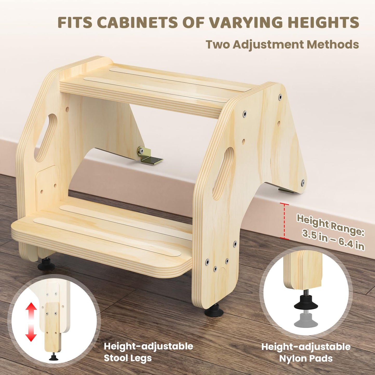 Hidden Toddler Step Stool, Height-Adjustable Kids 2-Step Stools, Wooden Step Stool for Toddlers for Bathroom Sink & Kitchen, Bathroom