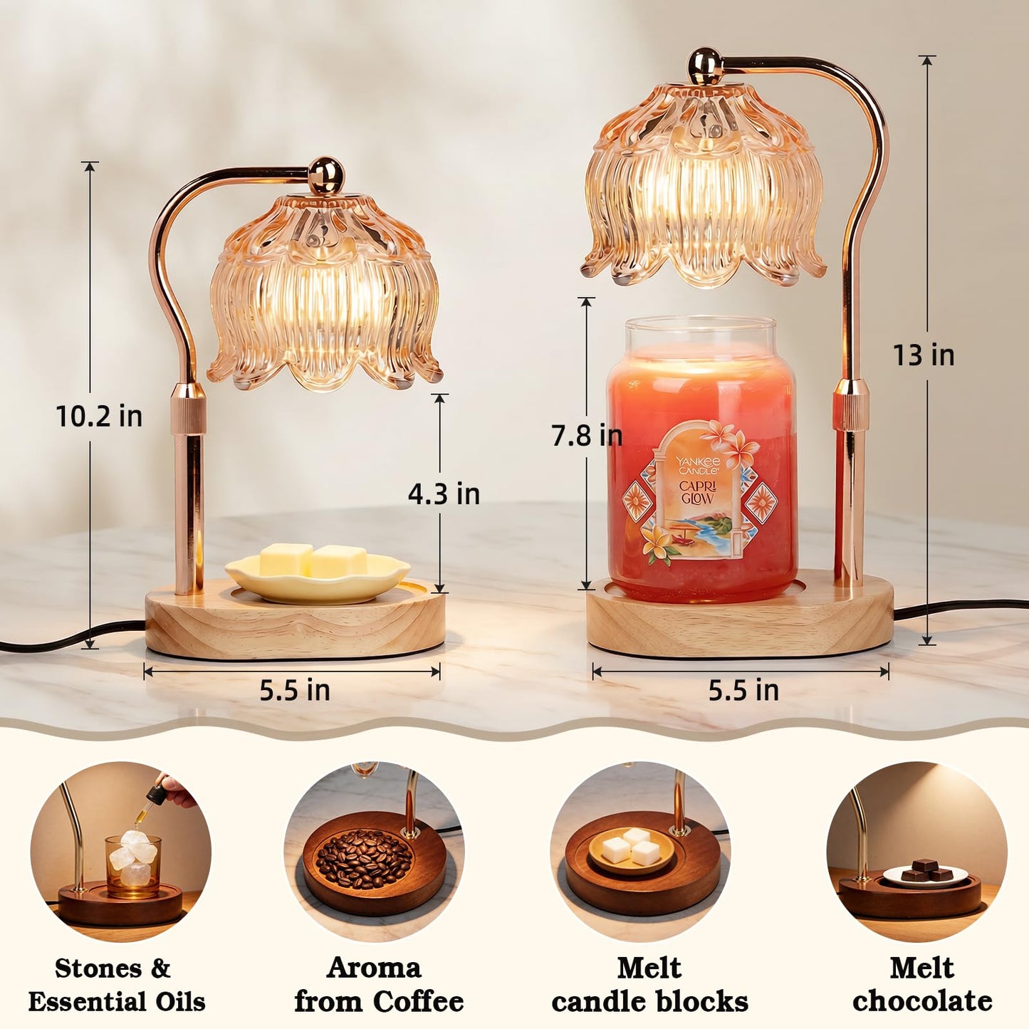 Funistree Flower Candle Warmer Lamp with Timer, Dimmable Candle Lamp Warmer, Christmas Birthday Gifts for Women Mom Her, House Warming for Home Decor, Lotus Wax Warmer for Yankee Candles-Warm Amber