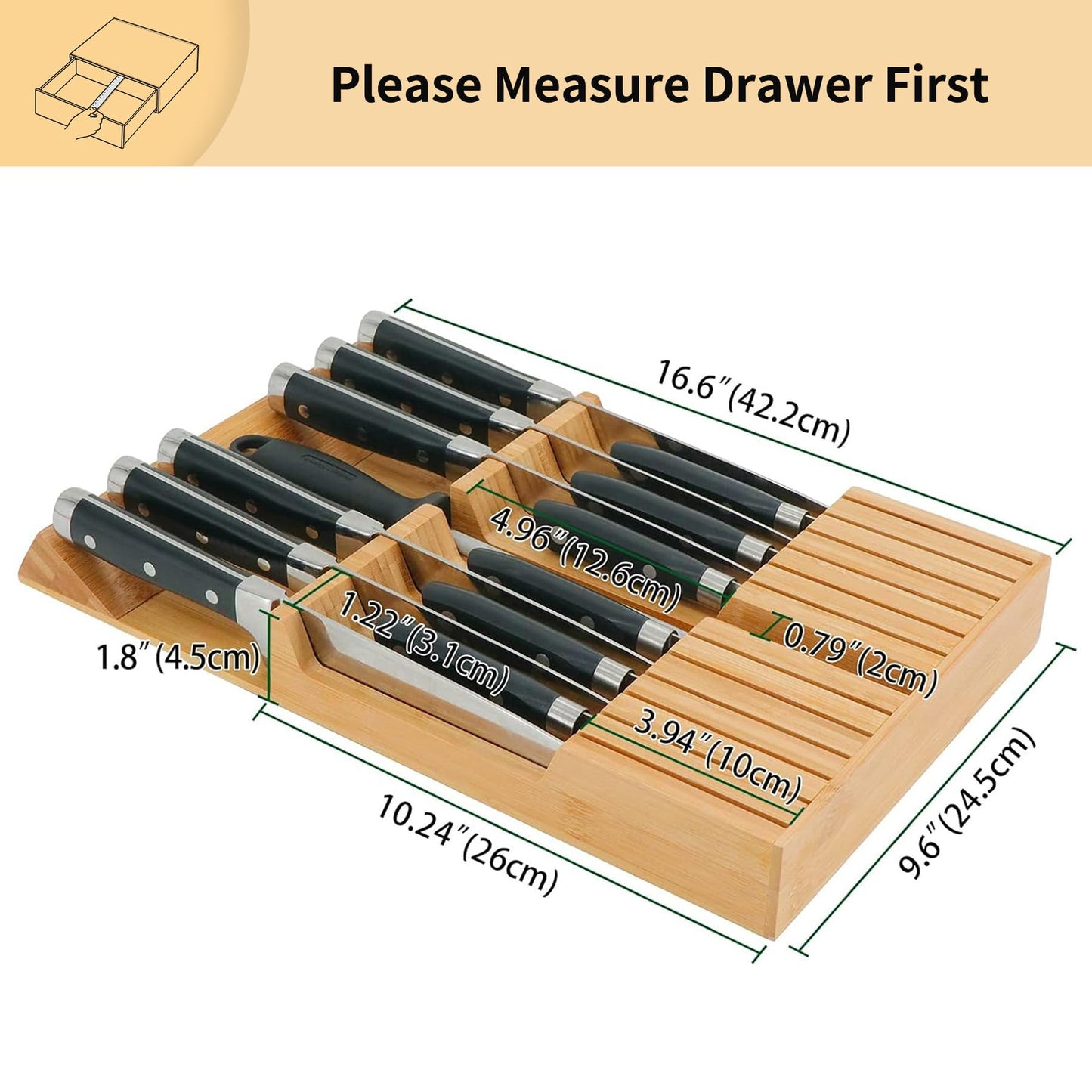 Utoplike in-Drawer Knife Block Bamboo Kitchen Knife Drawer Organizer, Handle Steak Knife Holder Without Knife, Fit for 12 Knives and 1 Sharpening Steel (Knives Not Included)