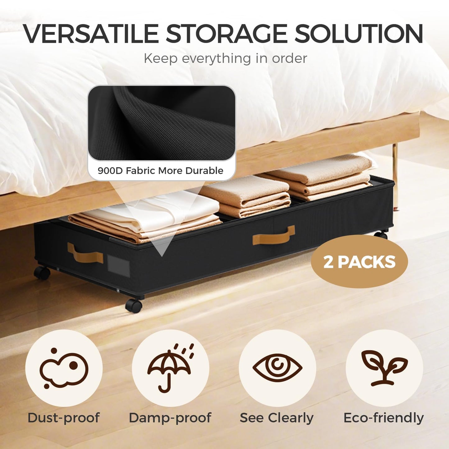 BETBEM Under Bed Storage with Wheels 2-Pack, 75L XXL Under the Bed Storage Containers Large, 12" Tall Adjustable Storage for Underbed with Lids, Rolling for Shoes, Clothes, Blankets (Black)