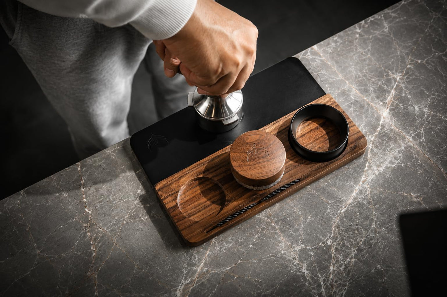KNODOS 54mm Tamping Mat For Breville Espresso Machine Accessories Walnut & Leather Tamp Station Organizer with Multi-Slot Design for Espresso Tools Tamper, Distributor, Funnel & Puck Screens