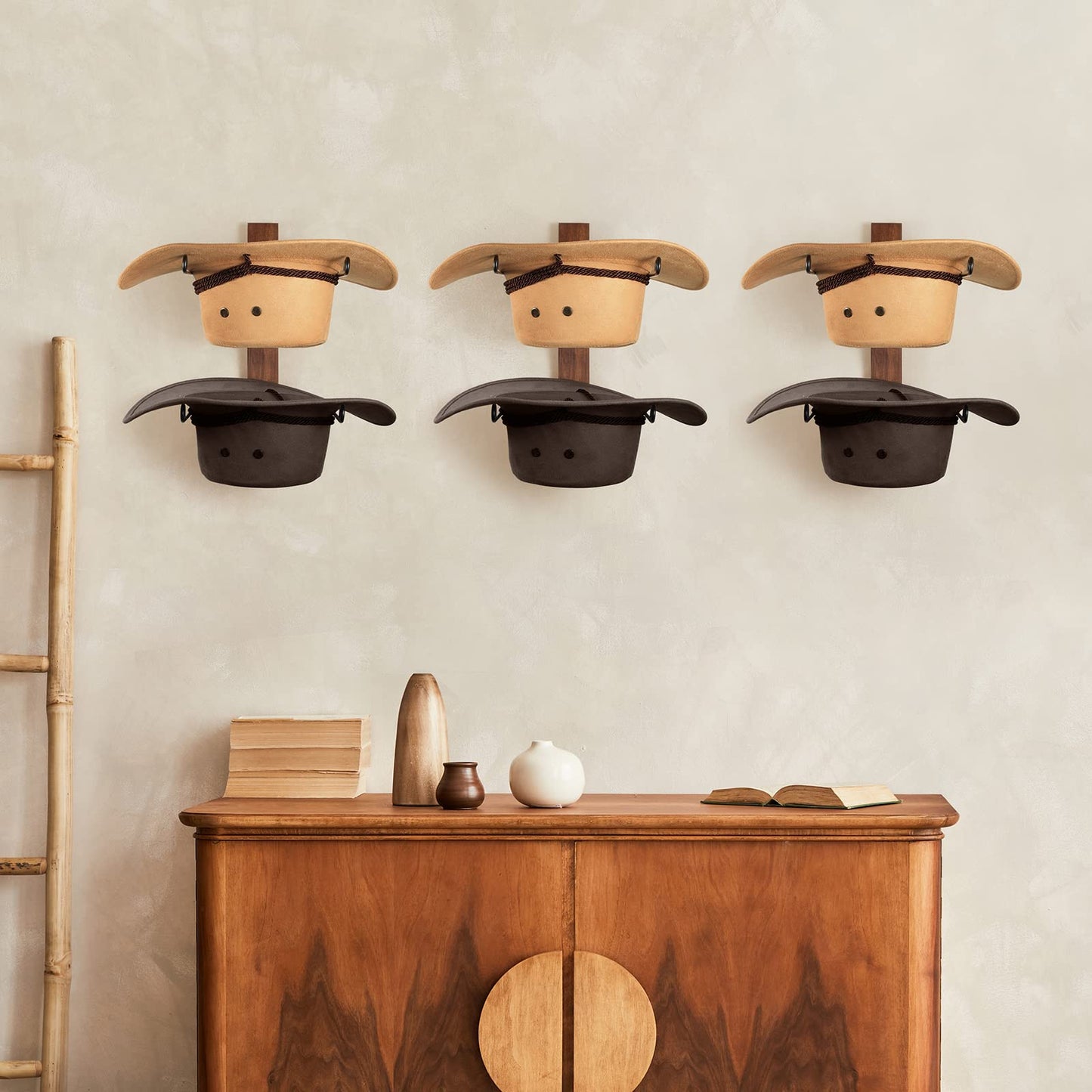 TIPSYTREE Cowboy Hat Holder, 3-Piece Wall Mount Cowboy Hat Rack for Wall Holds up to 6 Hats – Wooden + Metal Rustic Western DIY Hat Racks for Wall Storage and Home Décor