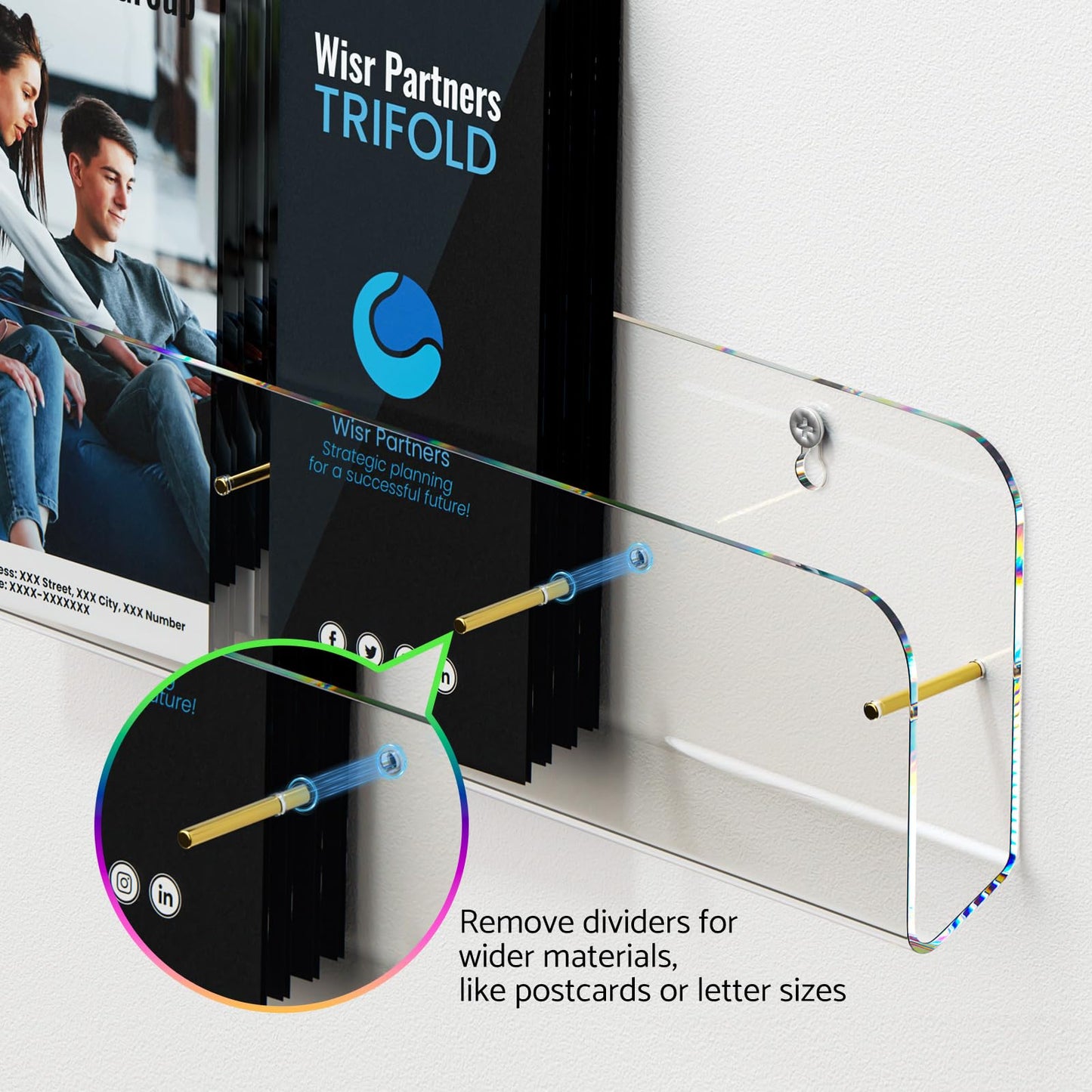 HIIMIEI Brochure Holder Wall Mount, 2-Pack Acrylic Modular Flyer, Pamphlet Display Stand with Magnetic Brass Bolts, Dual Installation Options, Designed for Schools, Studios, Community Spaces (4 Grid)