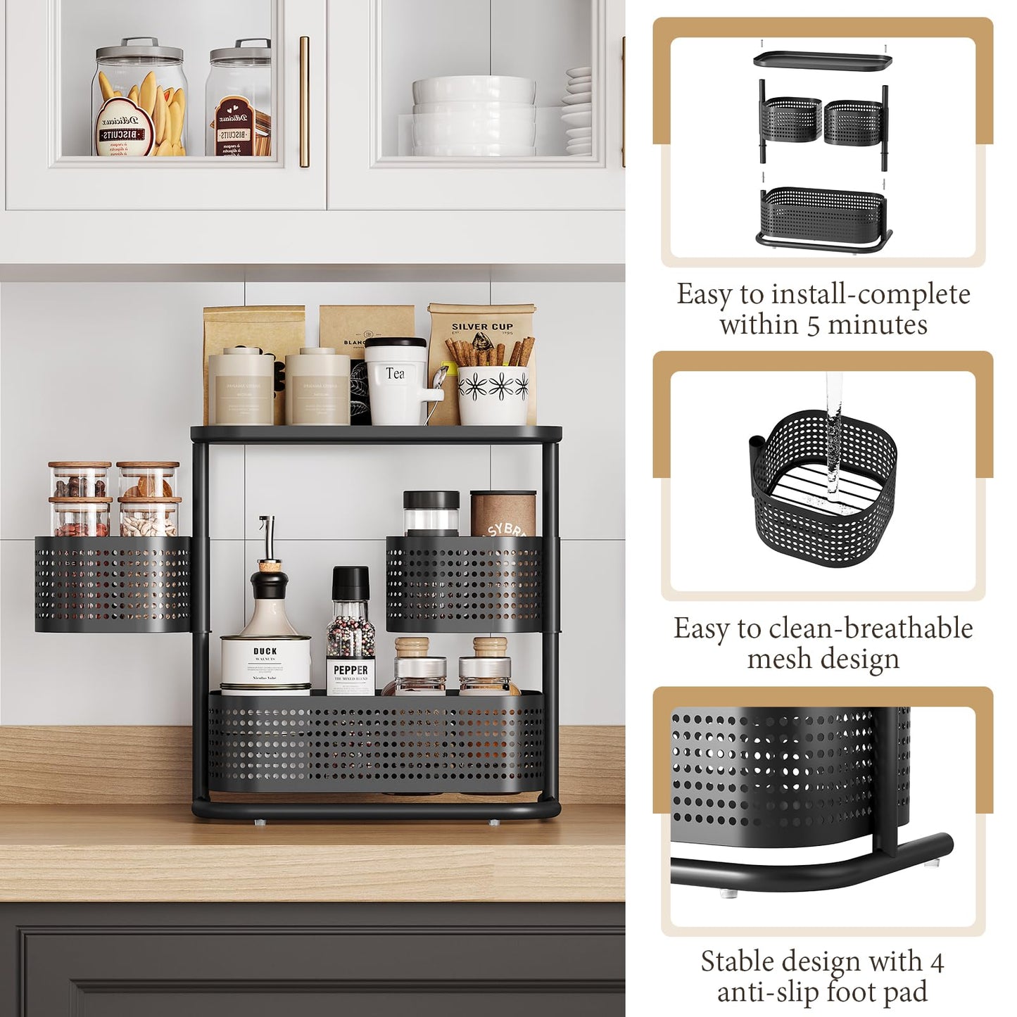 3 Tier Bathroom Counter Organizer, Rotating Countertop Vanity Storage Cabinet with Standing Shelf, Cosmetic Holder for Skincare & Makeup, Kitchen Spice Rack, Bedroom Nightstand Organizer, Black