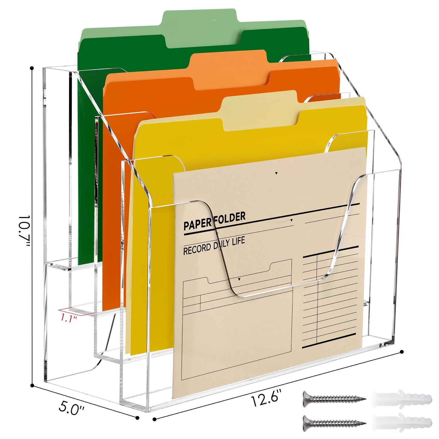 DINGHUO Acrylic Desk File Mail Organizer Wall Mounted, 4-Tier Hanging File Folder Holder, Clear Office Magazine Rack (Adhesive Hooks x 2)