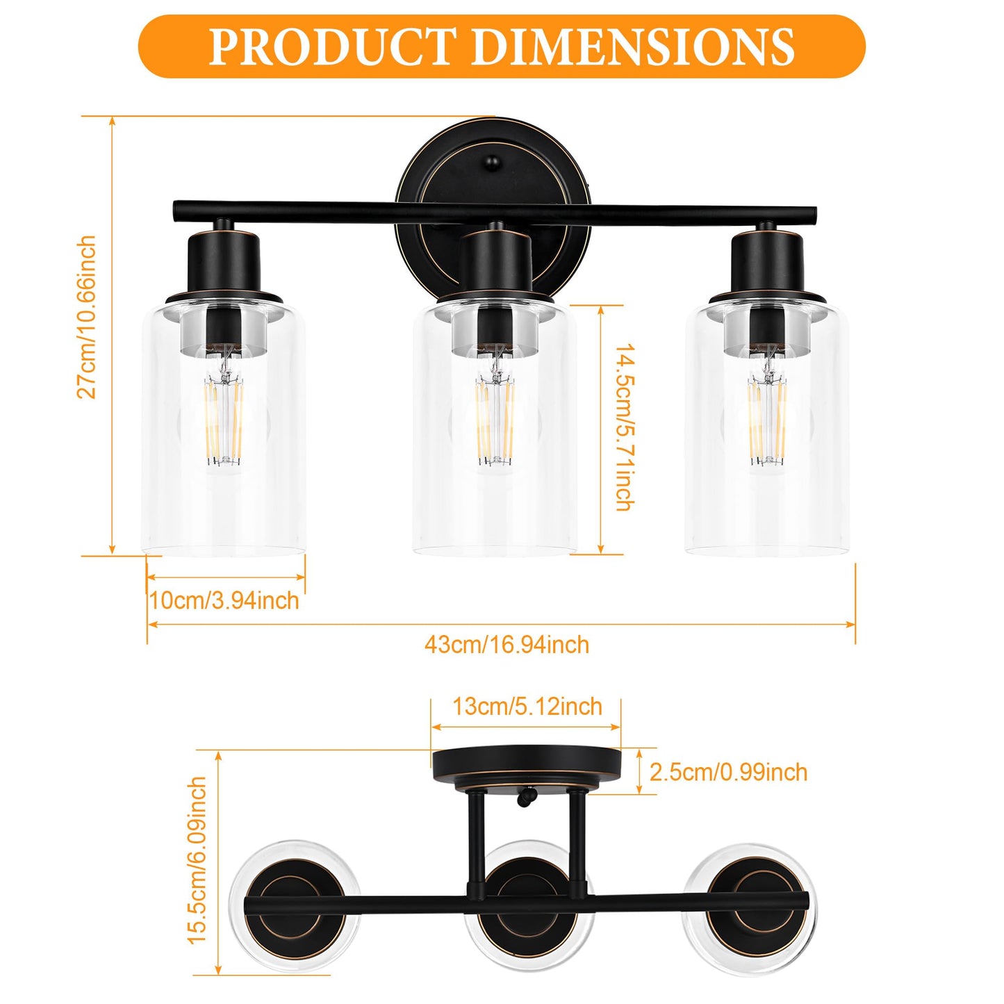 Faymart lighting Oil Rubbed Bronze 3-Light Bathroom Vanity Light Fixture Over Mirror, 3-Light Oil Rubbed Bronze Vanity Lights for Bathroom Three Bulb Wall Sconce Over Sink