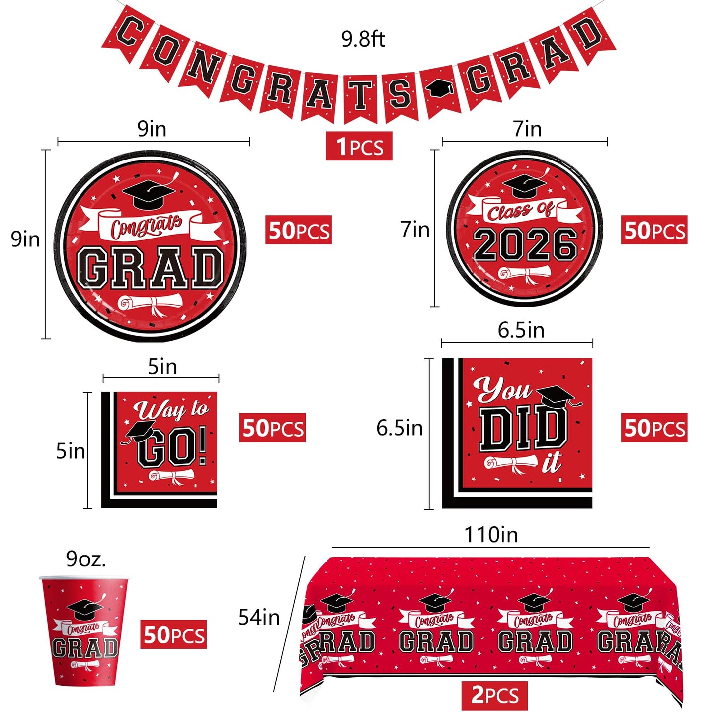 DAZONGE Graduation Decorations 2026 Red and Black, 265pcs Disposable Tableware Kit for 50 Guests, Plates, Napkins, Cups, Tablecloth and Hanging 2026 Graduation Party Decorations