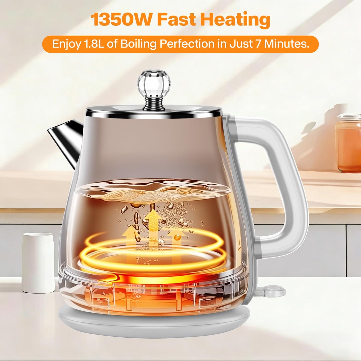 Retro Electric Kettle 1.8L, All Stainless Steel Hot Water Electric Kettle for Boiling Water, 1350W BPA Free Tea Kettle, Electric Tea Kettles Automatic Shut Off, Boil-Dry Protection,Pearl White