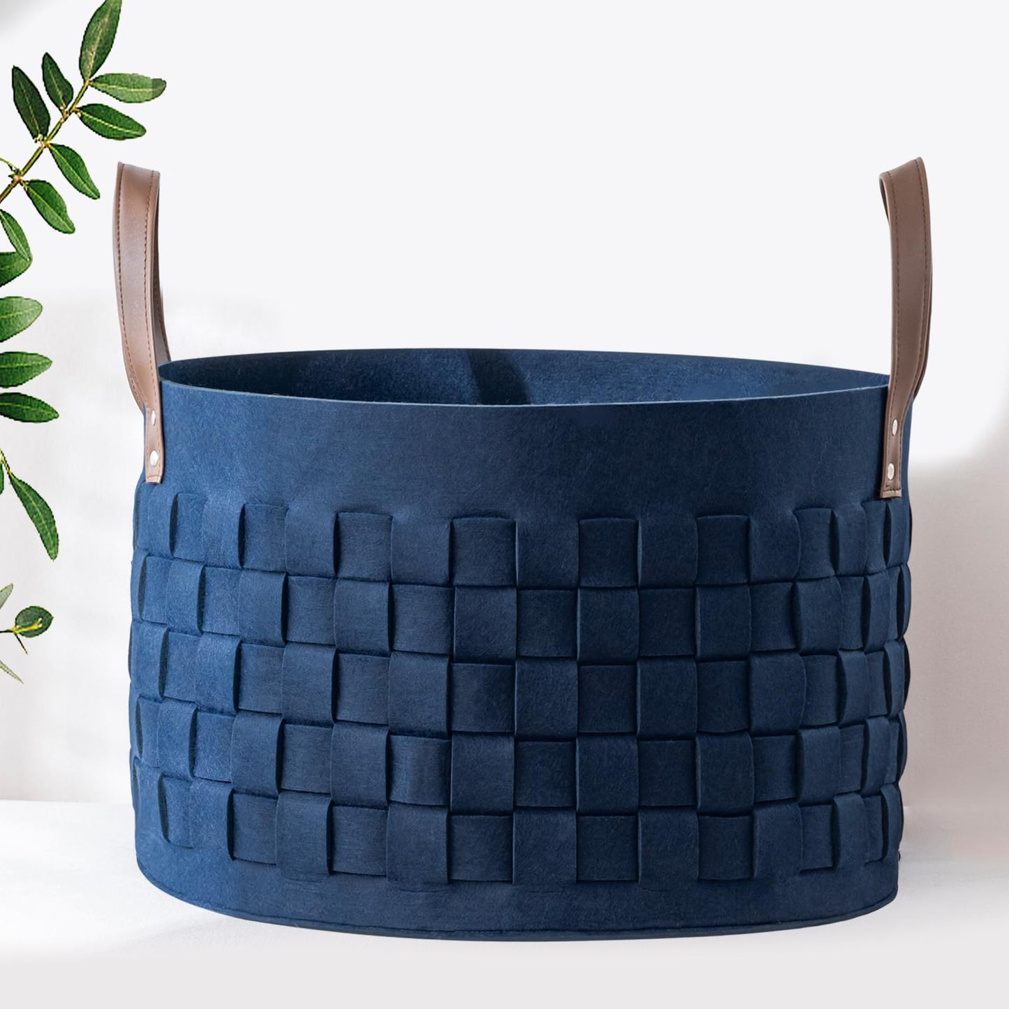 BOLDMONKEY Laundry Basket 20" x20 " x11.8 ",Extra Large Round Blanket Basket with Leather Handle, Felt Storage Basket for Living Room, Nursery, Dog Toys-Navy Blue