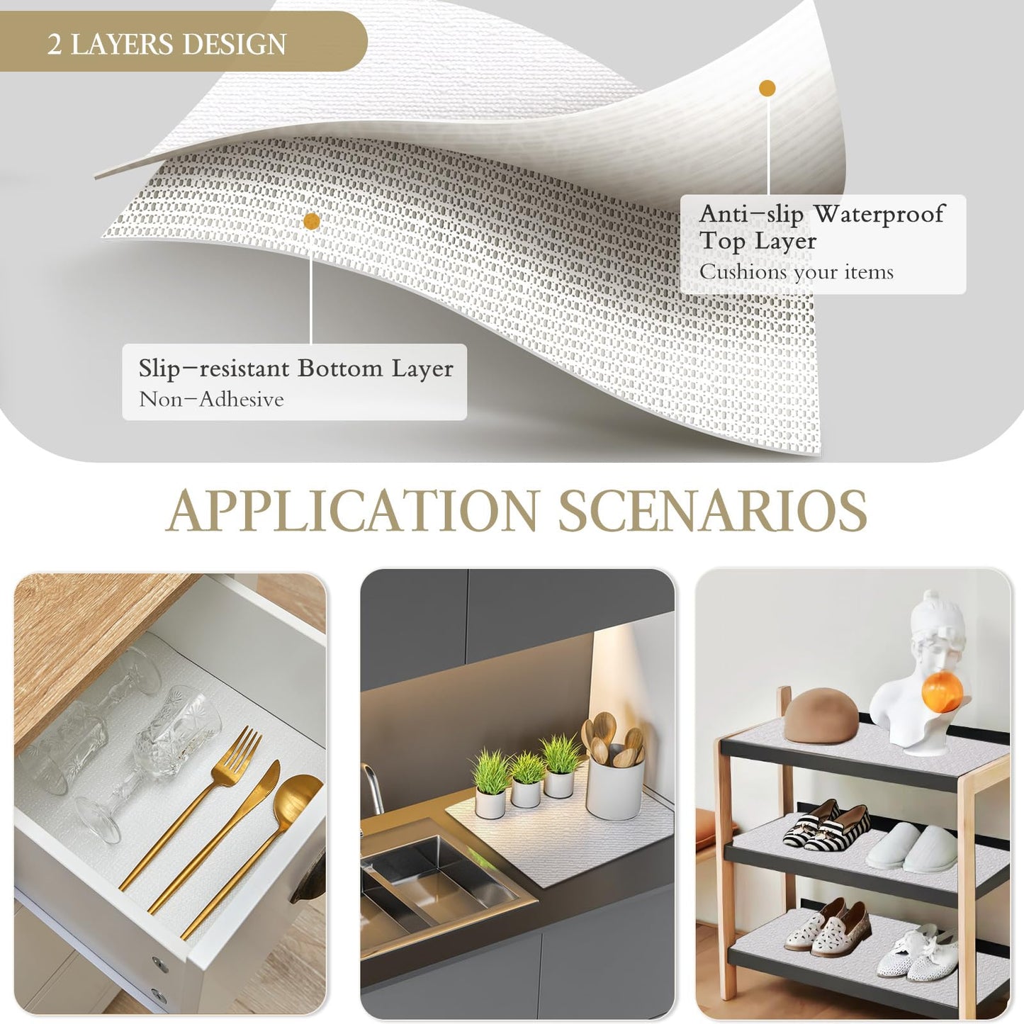 Beautysaid Shelf and Drawer Liner for Kitchen Cabinet, Non Adhesive Non Slip Shelf Paper Waterproof Washable Thickened for Dresser Pantry Shelve Bathroom Protector Liner(White,12 in x 20FT)