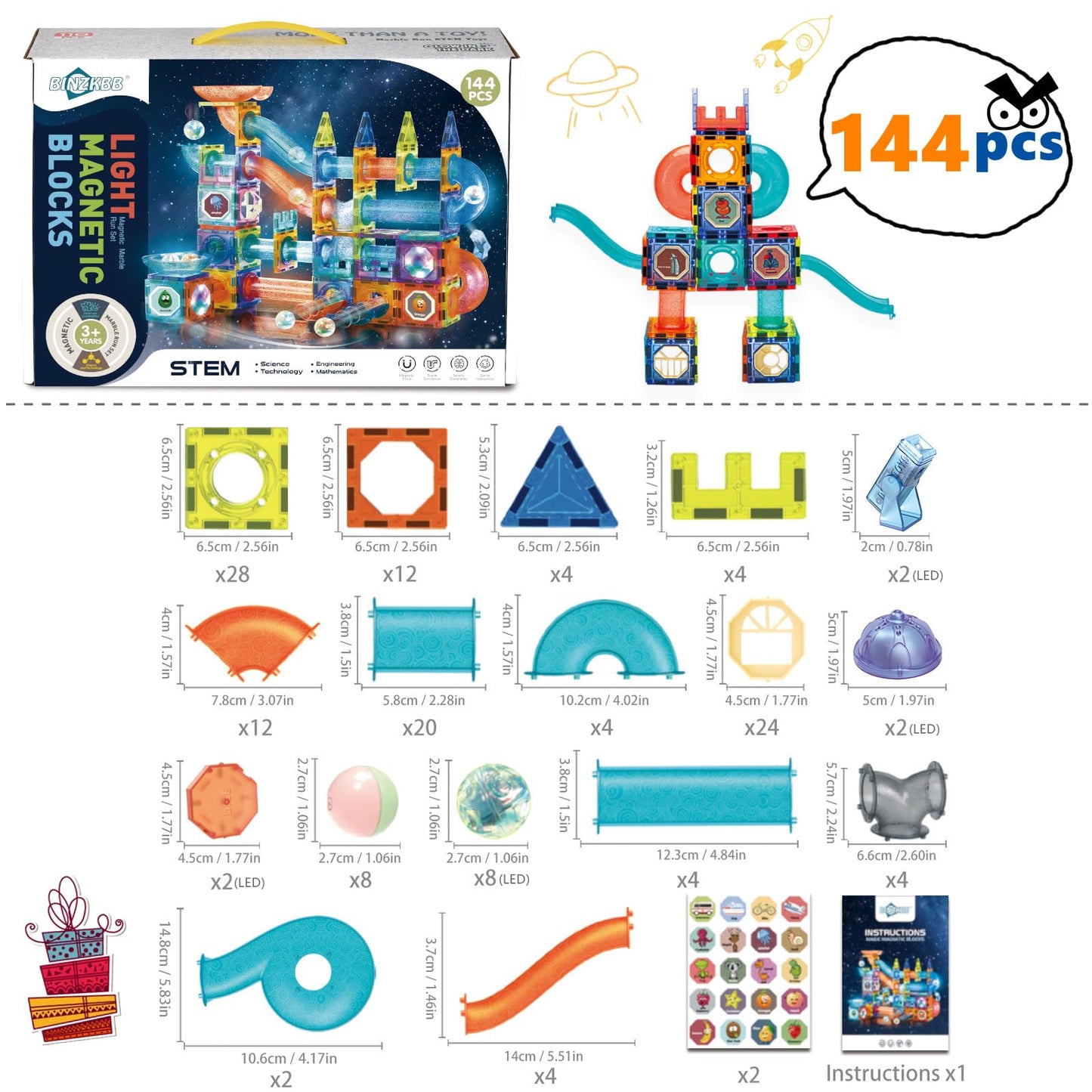 Magnetic Tiles Building Blocks Toys for Kids,144 PCS Magnet STEM Construction Set with LED Lights & Marble Run | Educational Learning Creative Gifts for Kids Ages 5-12 Boys and Girls