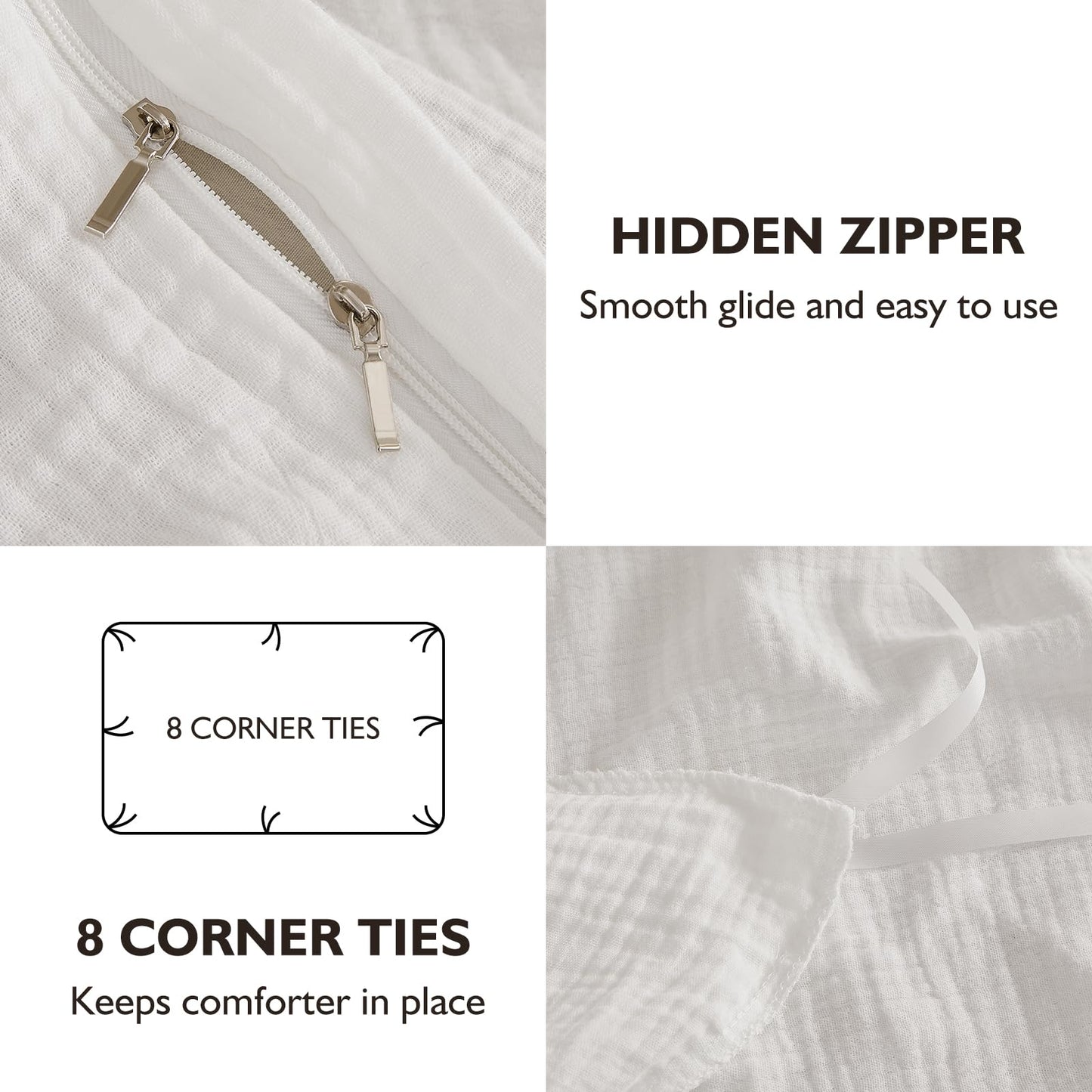 EMME Cream White Muslin Duvet Cover Queen Size, 100% Cotton Soft Gauze Bedding Set with 2 Pillowcases, Breathable Lightweight All Season Comforter Cover with Zipper & Corner Ties, 90"x90"