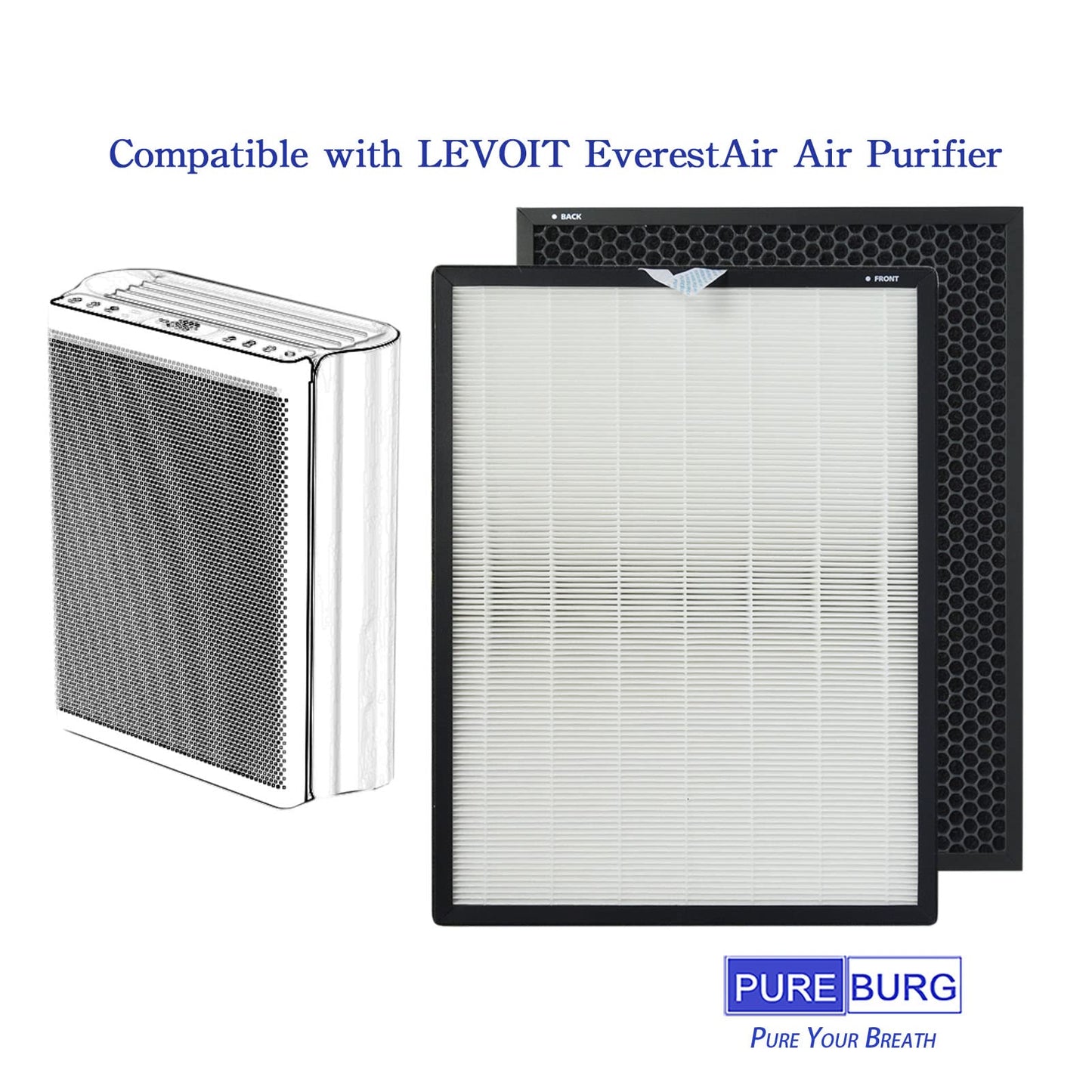 PUREBURG Replacement Filter Compatible with LEVOIT EverestAir Air Purifier Parts EverestAir-RF, H13 True HEPA and Activated Carbon Multi-Layer Filtration, Pack of 1