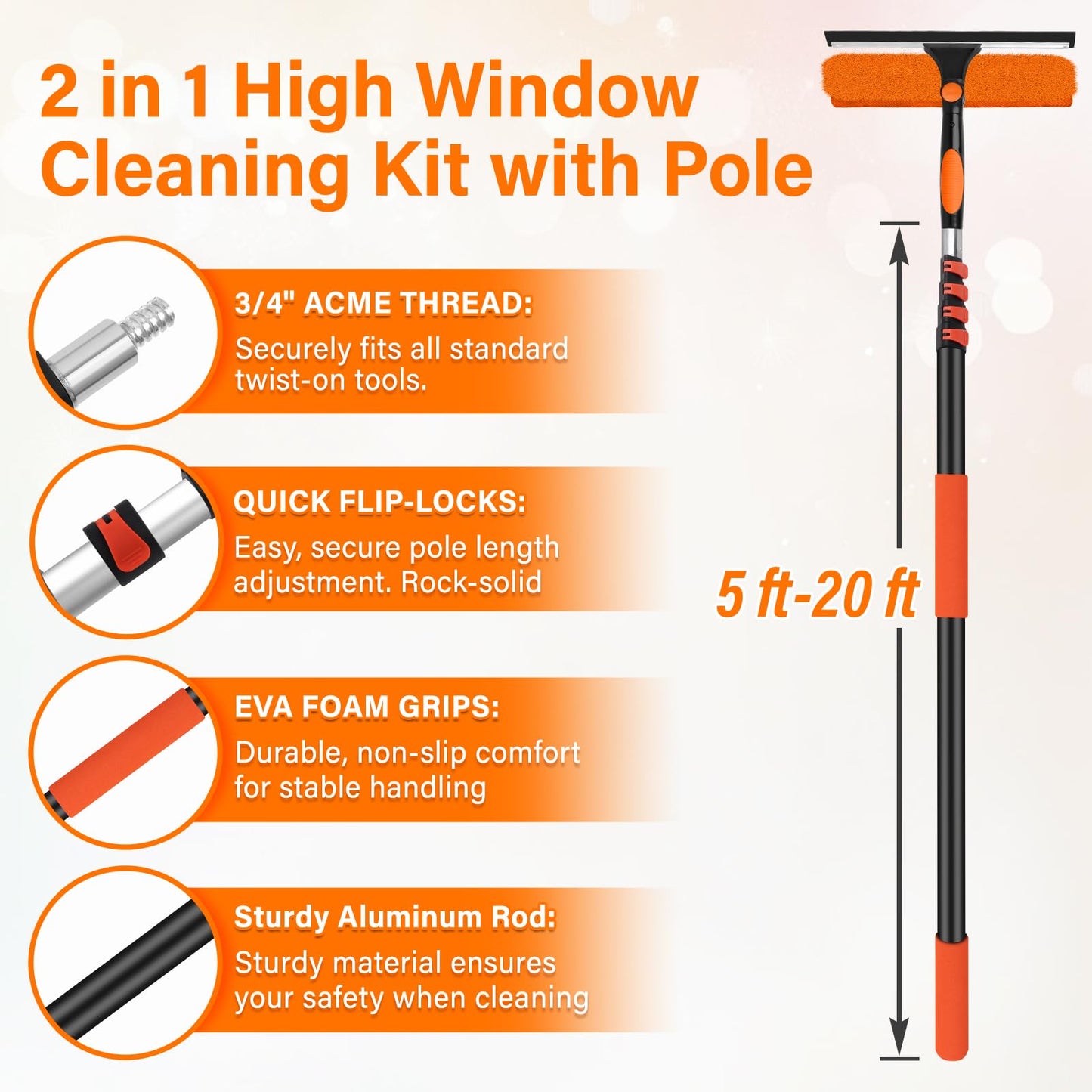 Jhkopqe 26FT Telescoping Window Squeegee Kit | 2-in-1 Professional Window Washer & Microfiber Scrubber with Extension Pole | High Reach Cleaning Tool for Outdoor, Indoor Windows & Glass