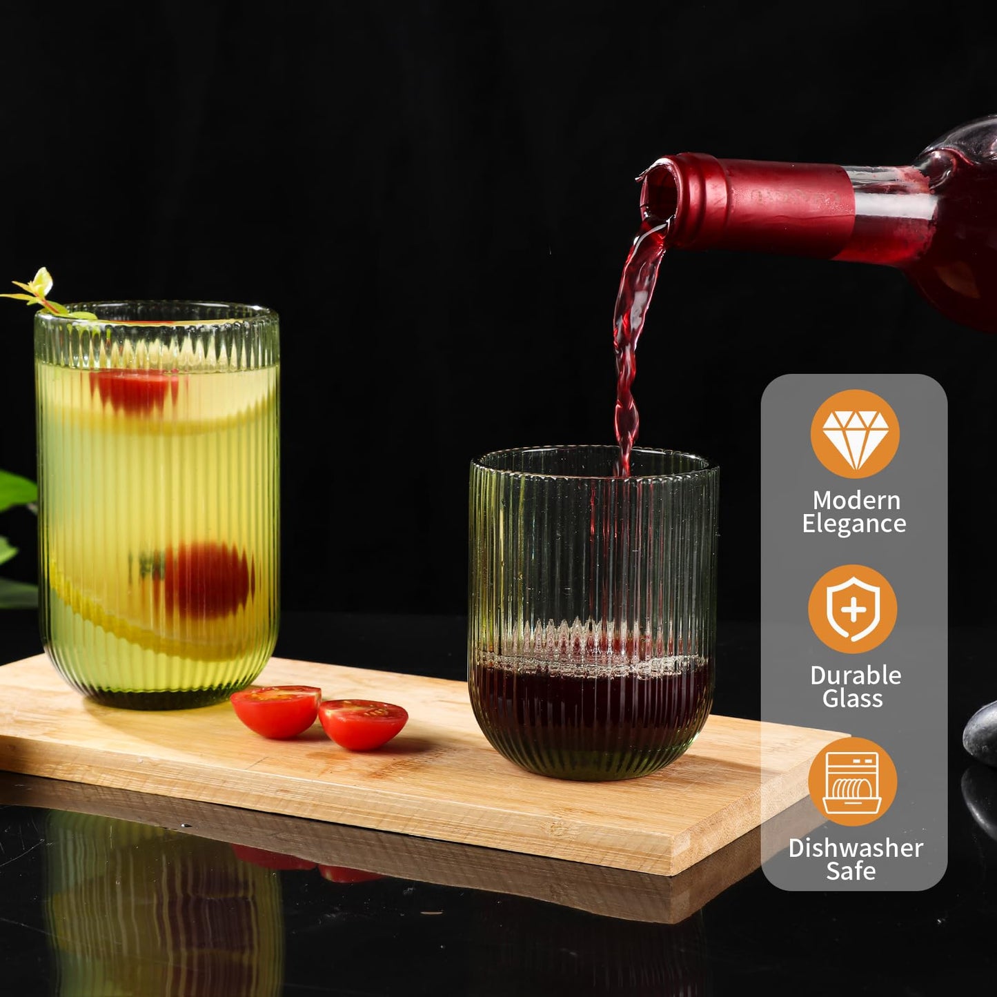 WeirdUncle Set of 8 Ribbed Glassware,4 Highball Glasses 14oz & 4 Rocks Drinking Glasses 9oz, Green, Origami Style, Fluted Design, for Milk, Water, Cocktail, Juice, Beer, ToothBrush Cup, Gift