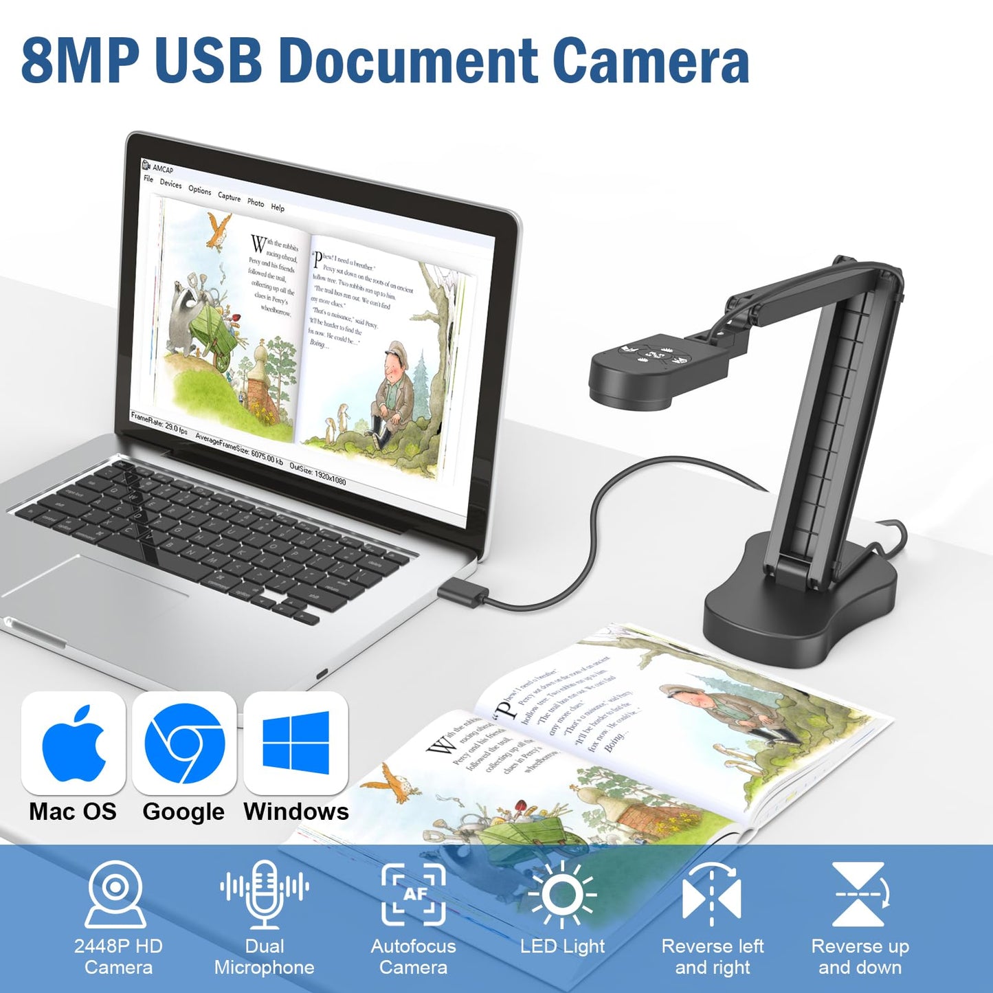 Gawervan 8MP USB Document Camera, Auto Focus, LED Light, Image Reversal, Built-in Mic, Mac OS, Windows, Chromebook for Distance Learning, Remote Teaching, Web Conferencing, Live Demo