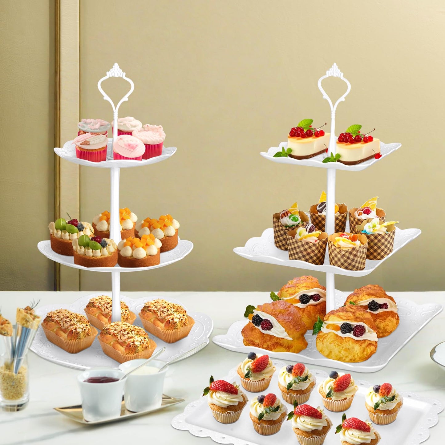 10 Pcs Cake Stand White Plastic Dessert Table Display Set 4 Pcs 3 Tired Cupcake Stand Cookie Tray Rack Serving Tray Cake Display Tower and 6 Pcs Dessert Trays for Wedding Baby Shower Tea Party