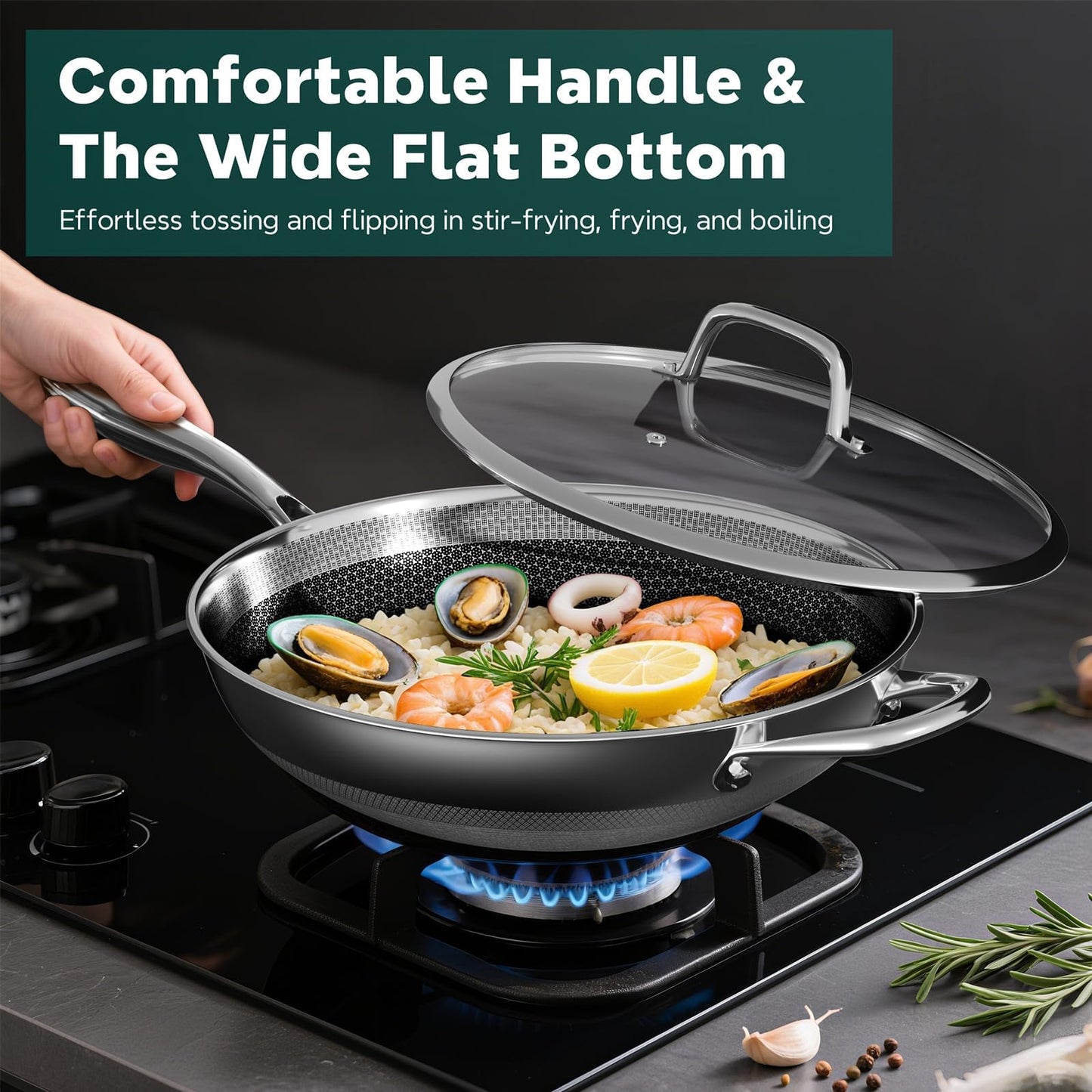 Wok Pan, 13-Inch Stainless Steel Woks & Stir-Fry Pans Nonstick, Wok Pan with Lid for Induction, Hybrid，Electric, Gas, Halogen, All Stoves, Professional PFOA Free Cookware, Dishwasher & Fast Heat